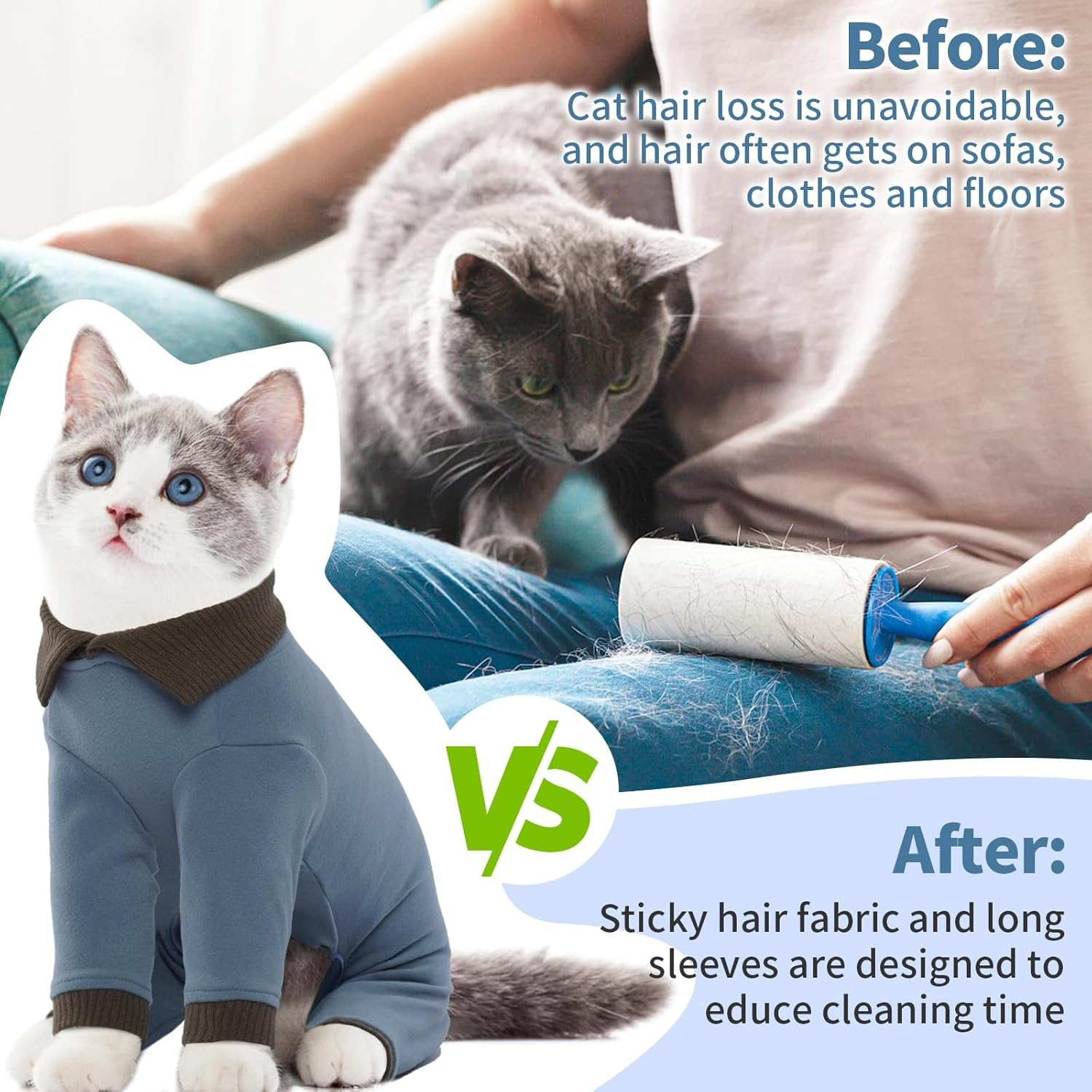 Lelepet Sticky Cat Clothes, Prevent Hair Loss Cat Pajamas, Professional Post-Surgery Onesie for Male & Female Cats, Anti-Shedding Shirt Outfit, Soft Sweaters for Cats, Blue M image number 2
