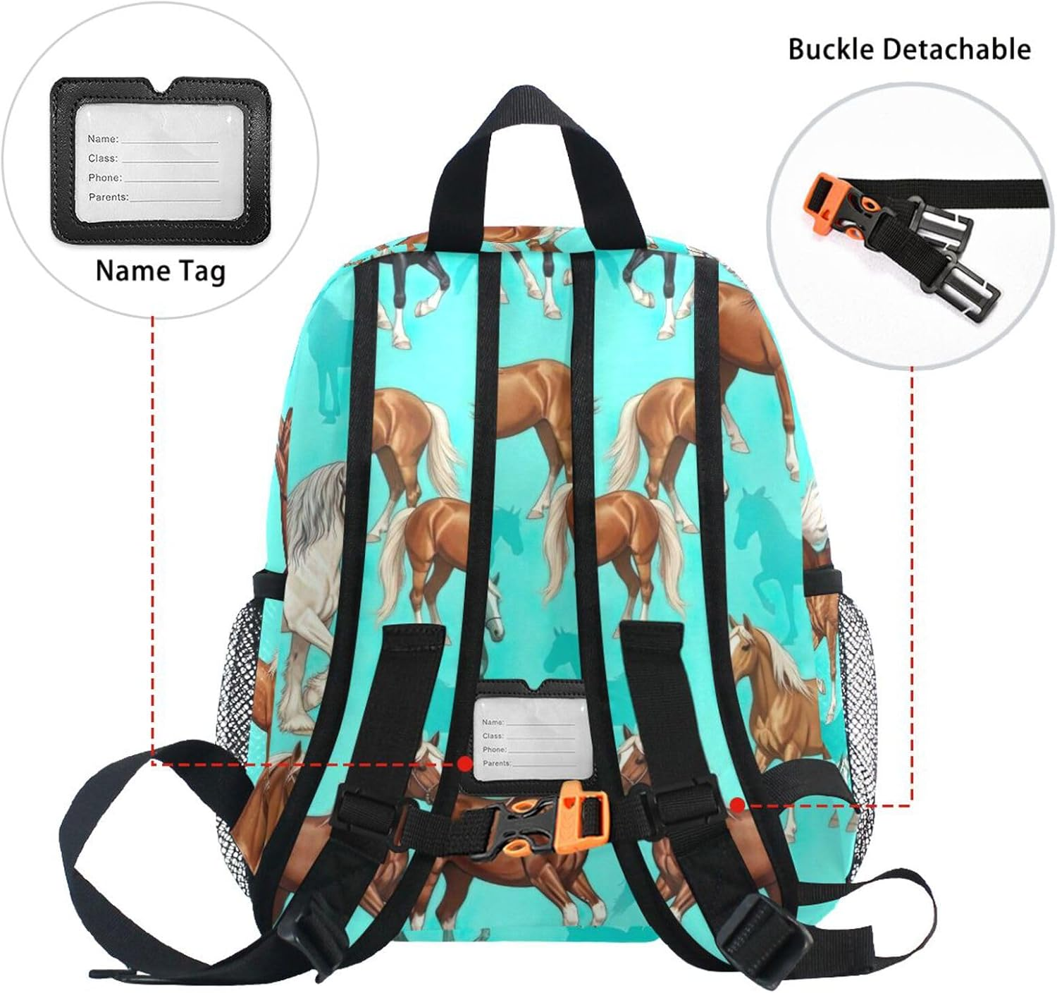 RPLIFE Toddler Backpack for Girls Boys, Horse Turquoise Travel Backpack with Name Tag Mini, 3-8 Years image number 2