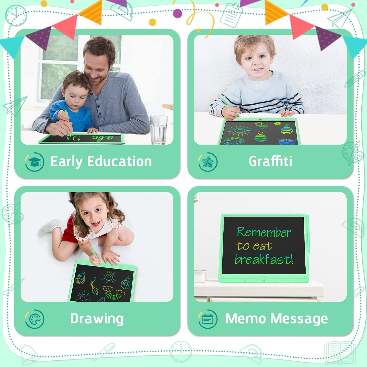 Wicue LCD Writing Tablet for Kids 15In Drawing Tablet, Colorful Doodle Board Drawing Pads, Electronic Drawing Boards Travel Activity Games for 3 4 5 6 Year Old Kids Birthday Gifts (Green) image number 4