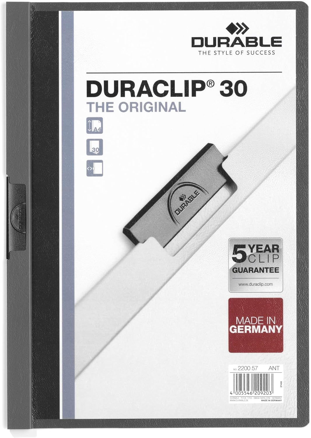Durable DURACLIP 30 A4 Clip Folder - Holds up to 30 Sheets of A4 Paper - Strong Metal Sprung Clip - Pack of 25 Black Colour Folders for Organising Documents
