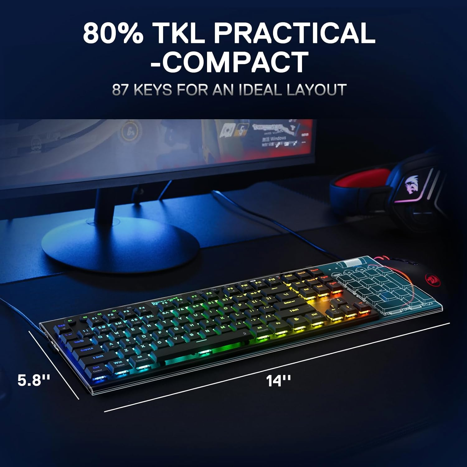 Redragon K621 Horus TKL Wireless RGB Mechanical Keyboard, 5.0 BT/2.4 Ghz/Wired Three Modes 80% Ultra-Thin Low Profile Bluetooth Keyboard W/Dedicated Media Control & Linear Red Switches, Black image number 4