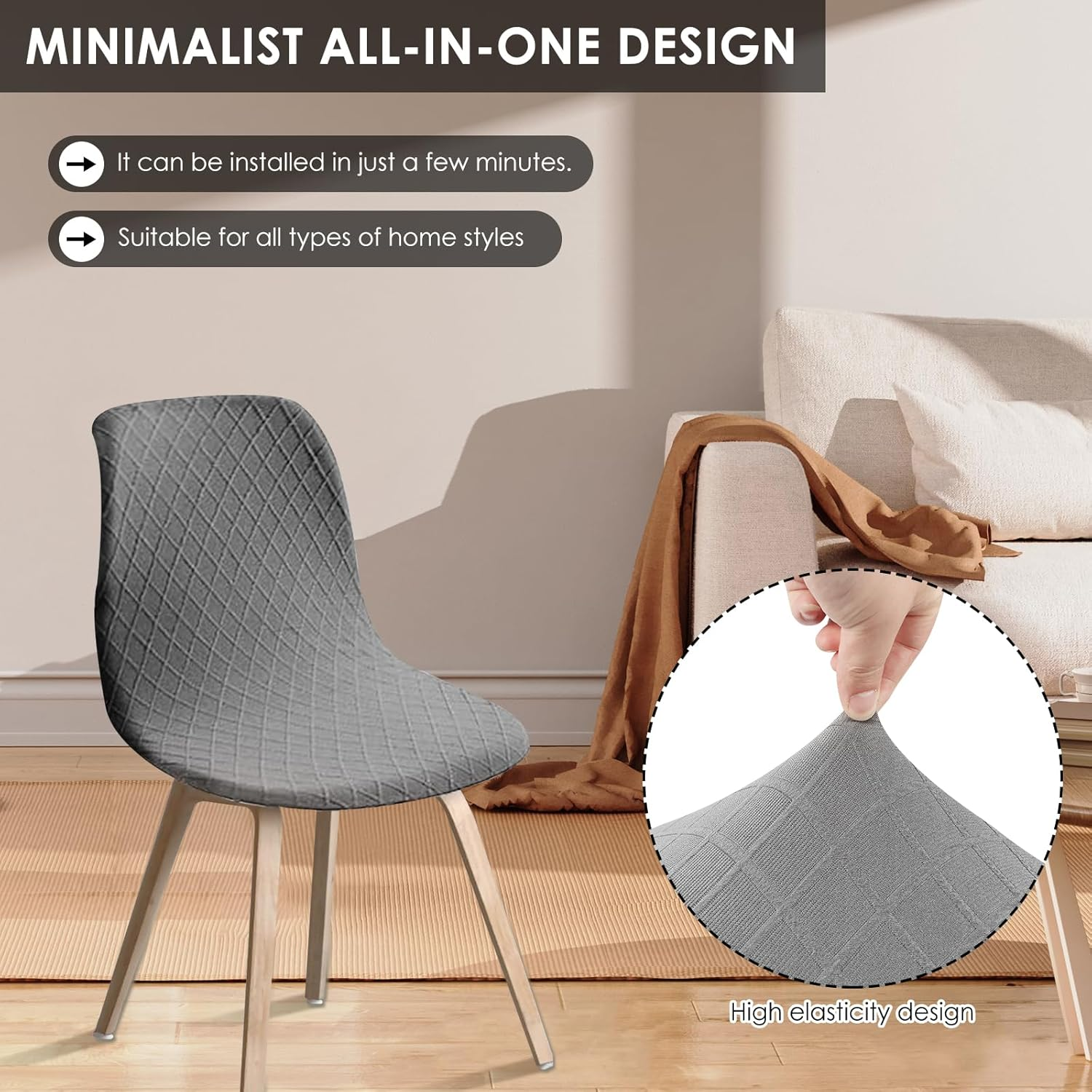 4PCS Dining Room Chair Covers, Minimalist Shell Chair Slipcovers, Elastic round Back Seat Covers, Easy to Install Arm-Less Seat Slipcover Ideal for Living Room Kitchen(Grey)