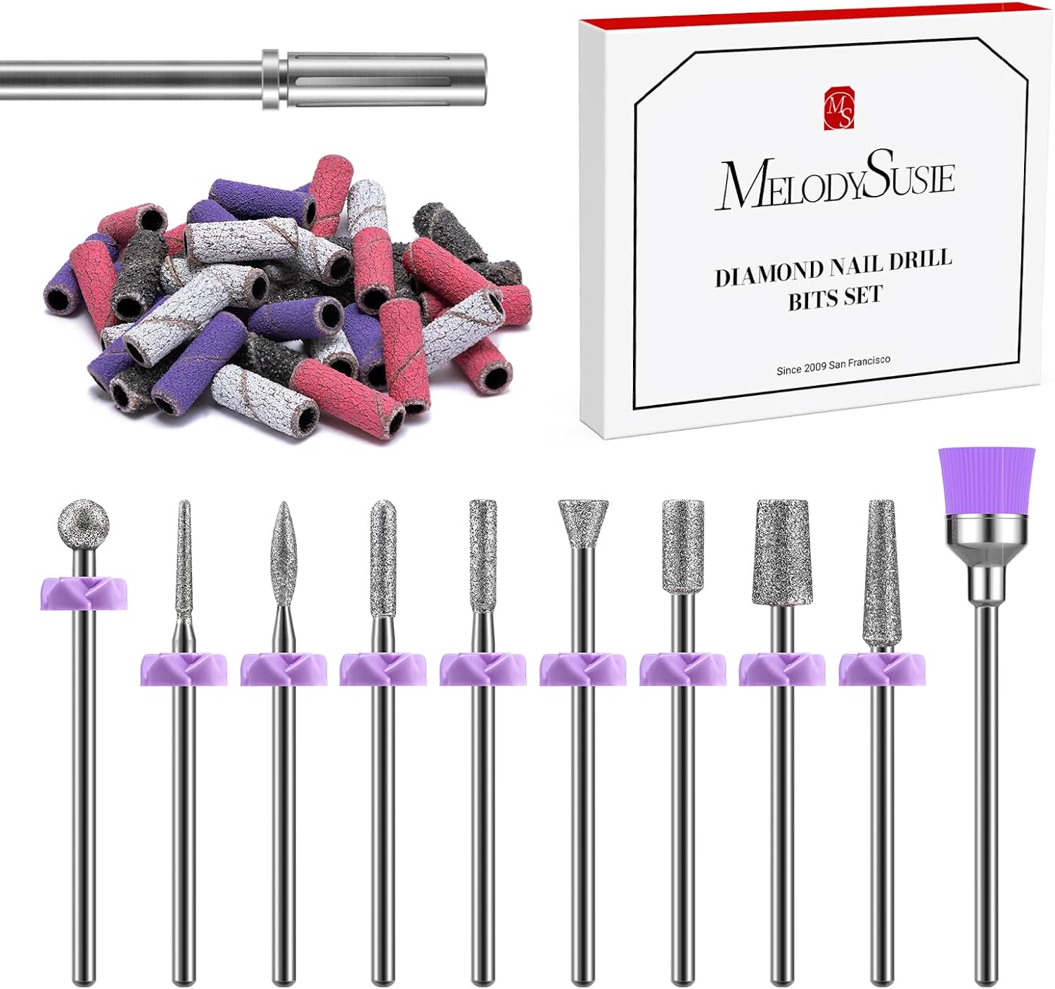 Melodysusie Nail Drill Bits, 10Pcs Diamond Sanding Bit Set with 40Pcs Small Sanding Bands (#120#180#240 Grits) with 3.1Mm Mandrel Bit, Nail Gel Polish Remover Tool for Acrylic Nails Manicure Nail Prep image number 4