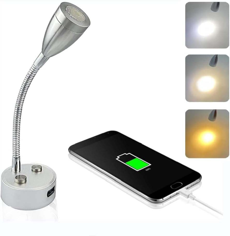 12V RV Reading Light LED Bedside Light Spotlight with 5V/2A USB Charging Port 3 CCT Touch Dimmable Flexible Gooseneck Wall Lamp for Boat, Motorhome, Camper Caravan Van Interior Lighting (White)