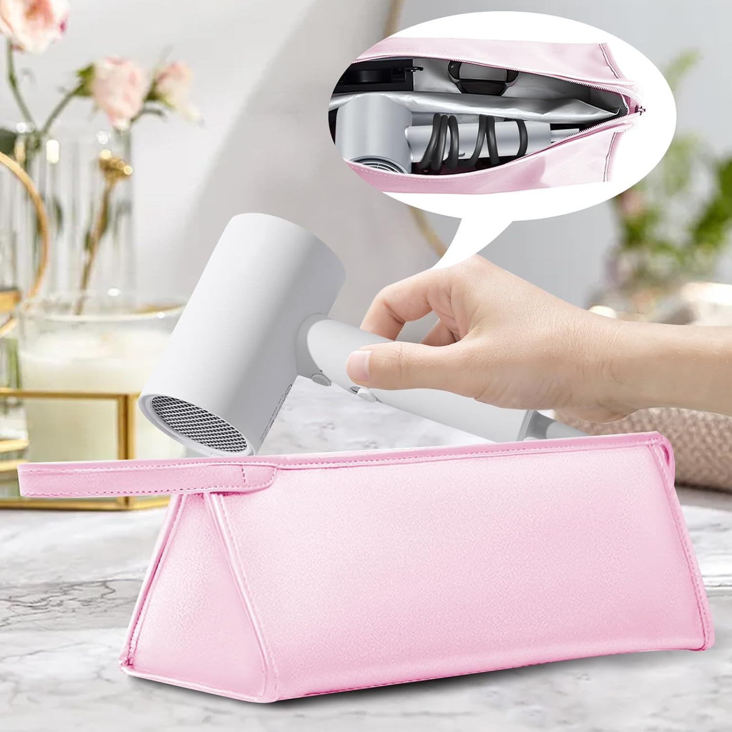 Hair Dryer Storage Bag PU Travel Case Leather Hair Dryer Bag Portable Waterproof Tool Pouch with Compartments and Loops Scratch Resistant Dustproof Shockproof Organizer (Pink) image number 6