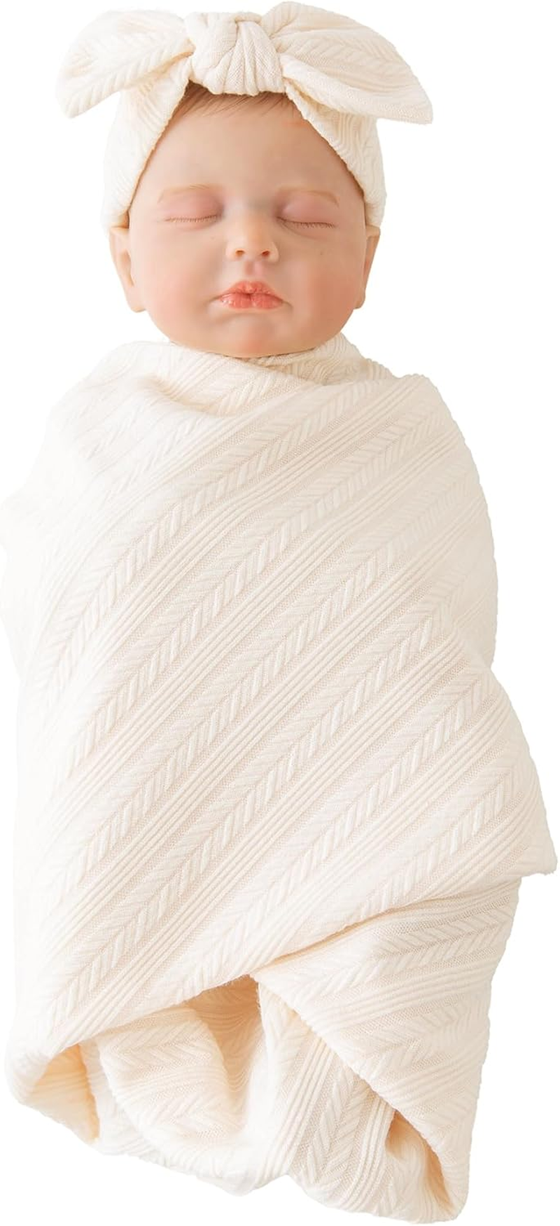 Jastore Baby Infant Swaddle Blankets for Girls 3PCS Newborn Accessories Set with Matching Hat and Bow Headband (Beige, 33"*35") - Beige image number 6