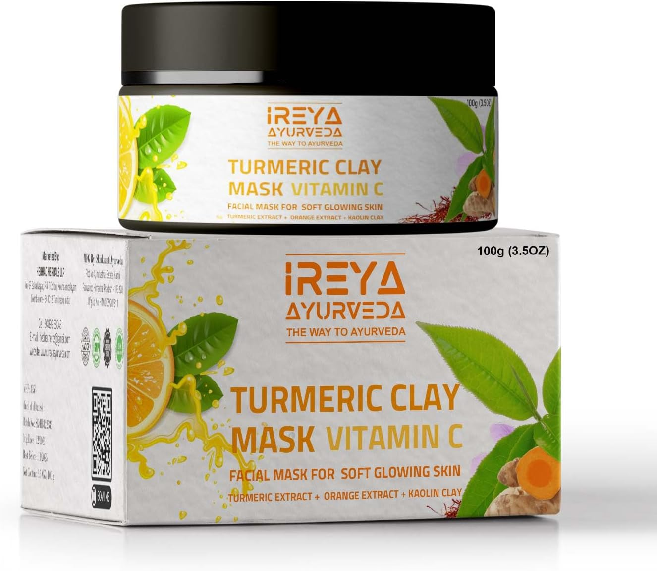 Turmeric Clay Mask Vitamin C with Orange Saffron Extract Fullers Earth, Kaolin Clay, Acne Face Mask Dark Spots Remover with Turmeric Extract 100 G Pack of 1 Yellow image number 2