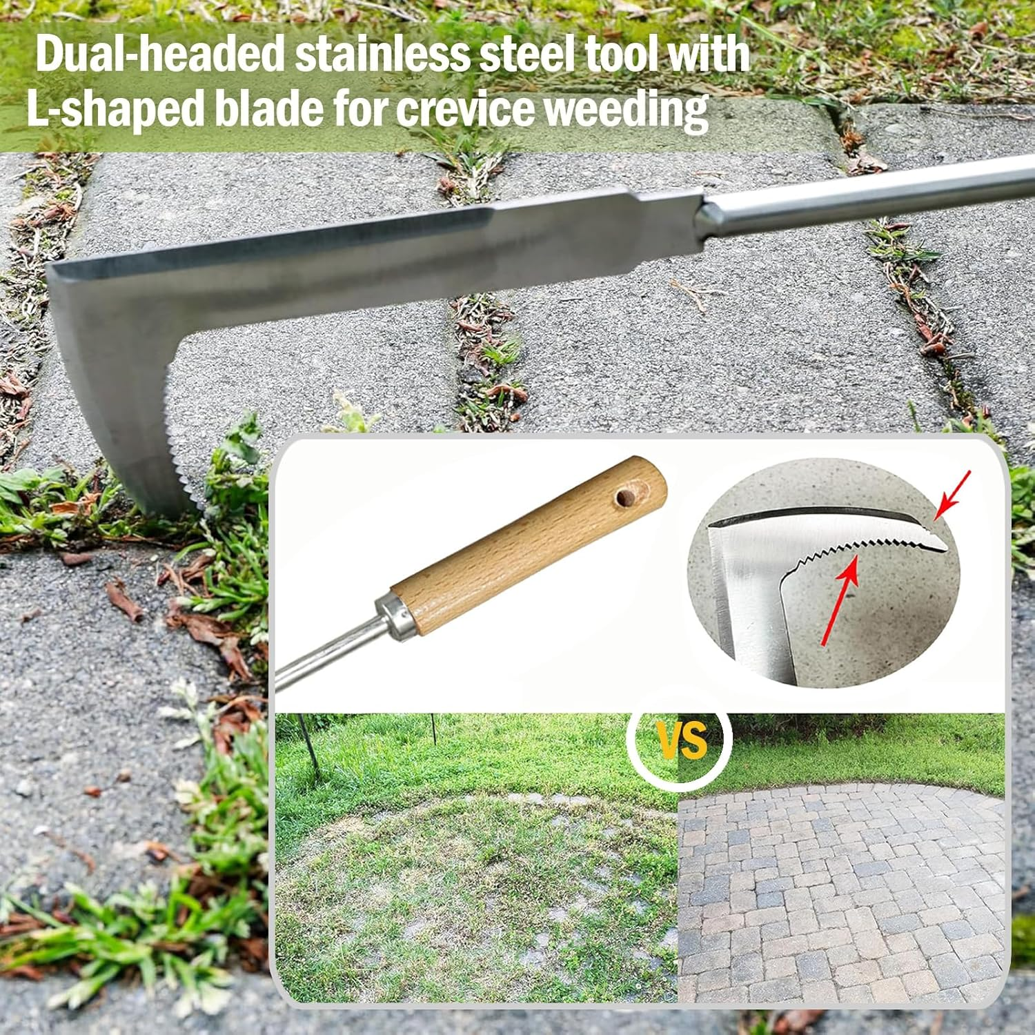 Stainless Steel Crevice Weeding Tool, 2 Pack, Manual Weeder with Wooden Handle for Gardens and Patio Lawns Driveways and Walkways image number 4
