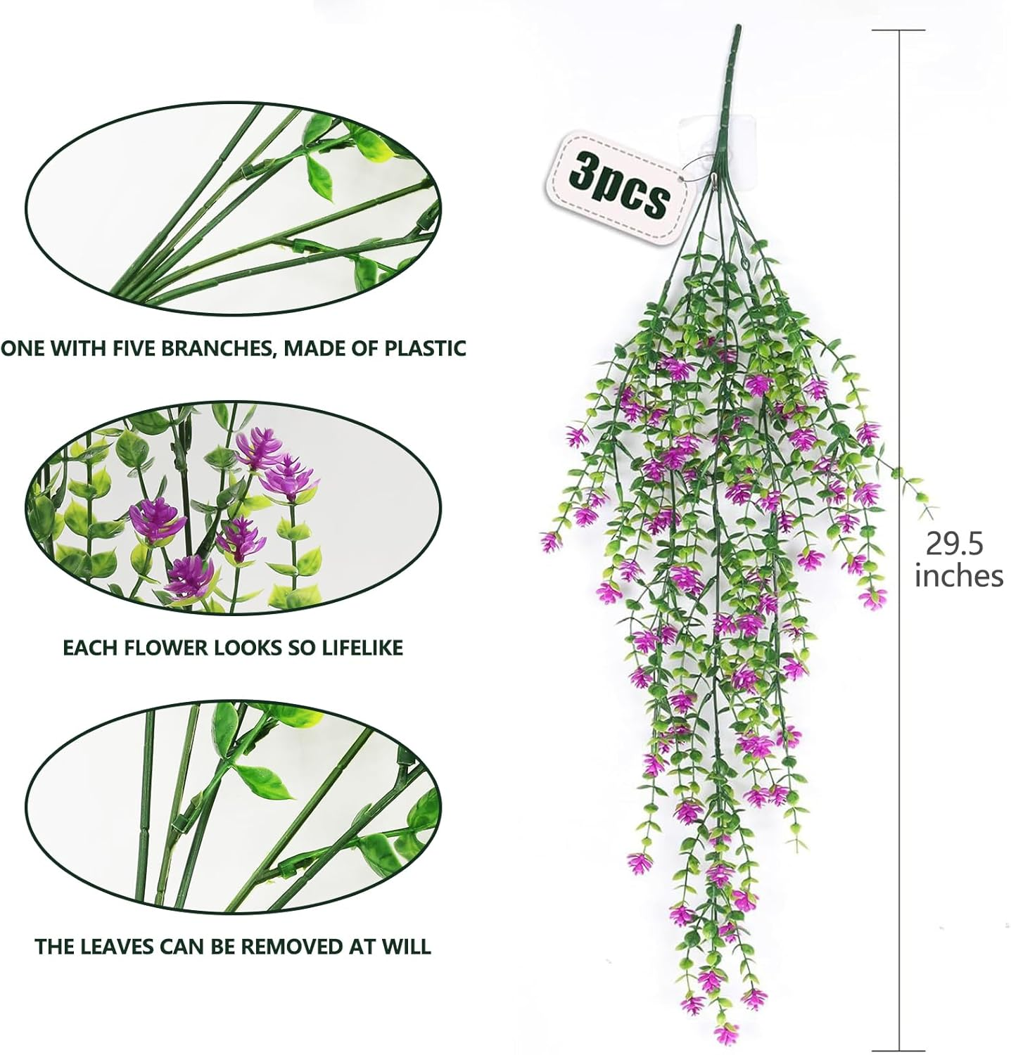 3Pcs Artificial Fake Hanging Plants Simulated Faux Fern Outdoor UV Resistant Plastic Greenery Flowers Plant Vine for Decorations Home Room Wall Garden Courtyard Wedding Party Balcony Decor(Rose) image number 5