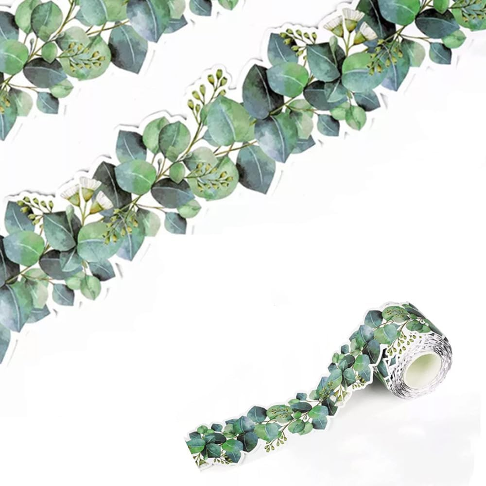 Naisfei Eucalyptus Border Bulletin Board, Eucalyptus Die Cut Border Green Leaves Bulletin Border Trim for Photo Wall Home and School Decorations(49 Ft/15 M)
