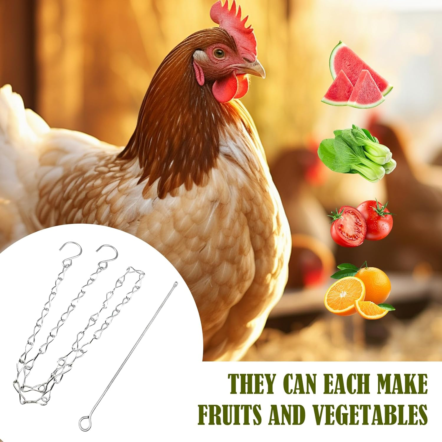 Pack of 2 Chicken Feeder for Hanging, Chicken Accessories, Toy, Fruit Fork Made of Stainless Steel for Chicken with Hook, Automatic Feeder for Chicken Vegetable Skewer, Bird Vegetable Skewer image number 2