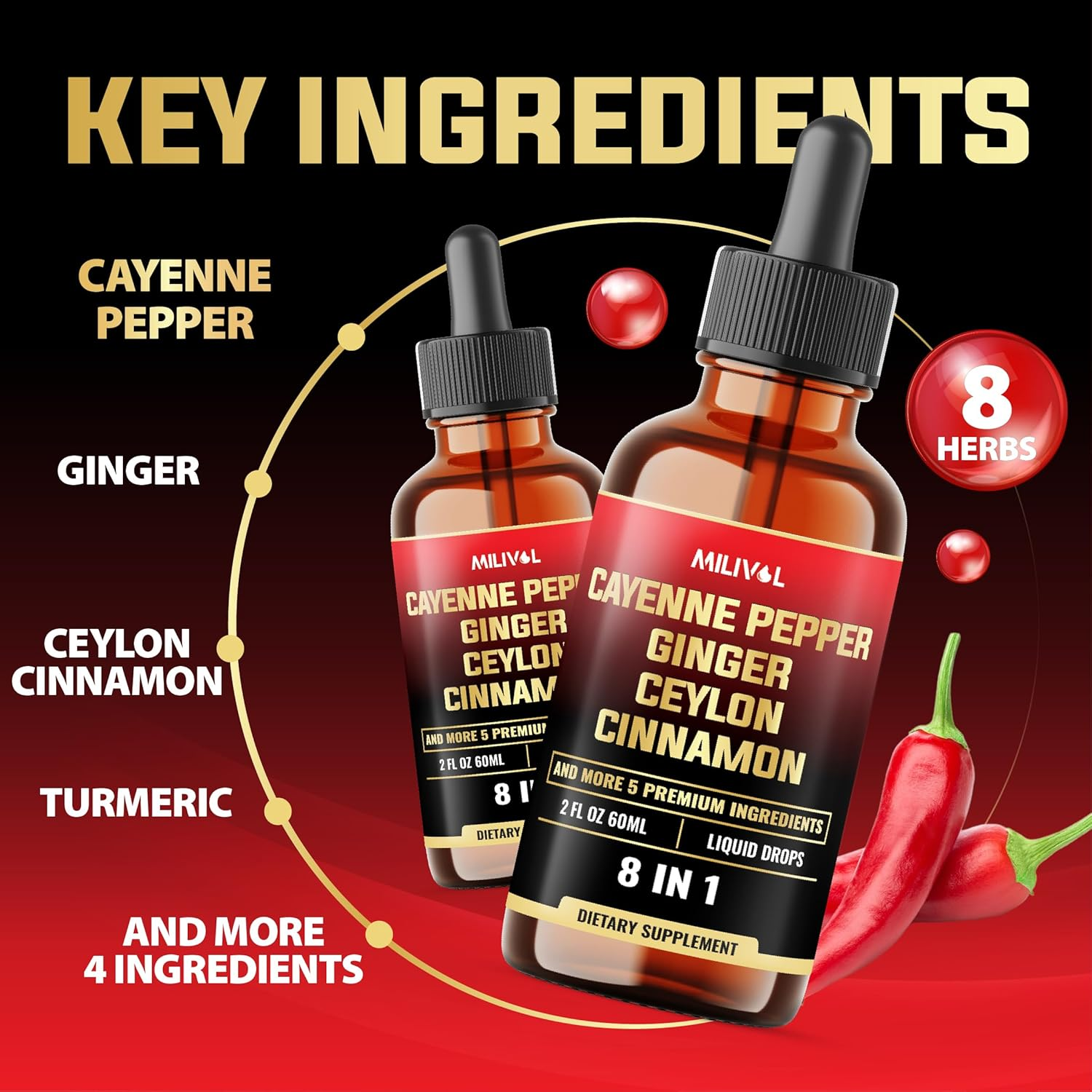 8In1 Cayenne Pepper Liquid Drops with Ginger, Ceylon Cinnamon and 5 More Herbals - Digestion, Circulatory Heath Support - 2 Fl Oz for 2 Months image number 1