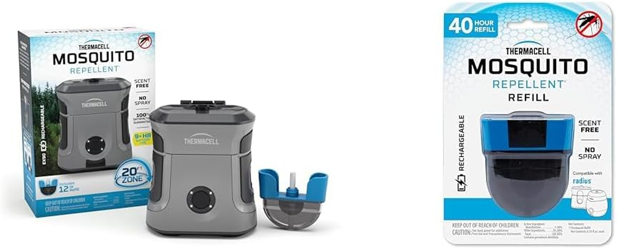 Thermacell EX90 Rechargeable Mosquito Repeller, 28M&sup2; Protection Zone, No Spray & Scent-Free, Includes 40-Hr Refill, Water Resistant, Grey, Additional 40 Hour Refill Included