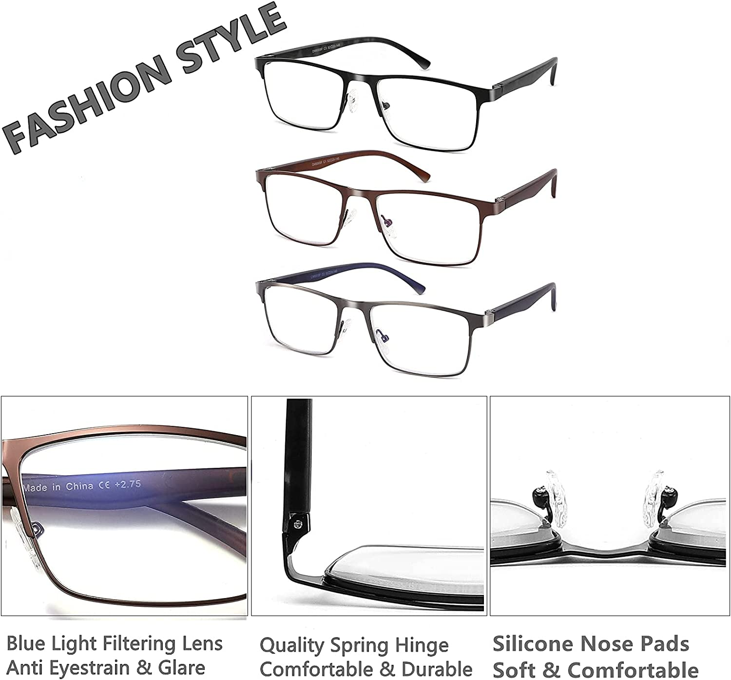 CRGATV 3-Pack Reading Glasses for Men Blue Light Filtering Full Frame Metal Readers anti Uv/Eye Strain/Glare image number 2