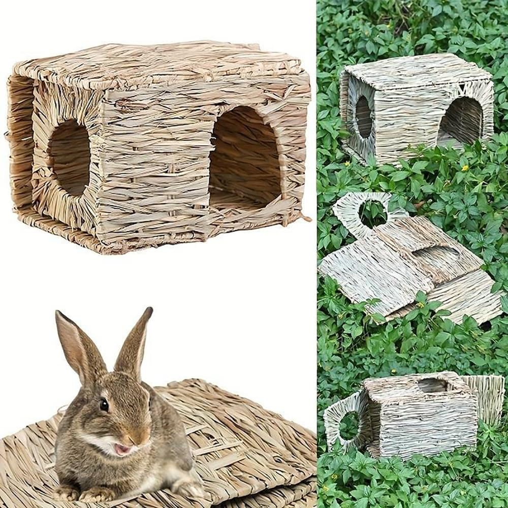 2 Pack Large Grass House and Tunnel for Small Animal, Hand Crafted Natural Grass Hideaway Foldable Bed Hut for Bunny Guinea Pig Chinchilla Ferret for Play and Sleep image number 6