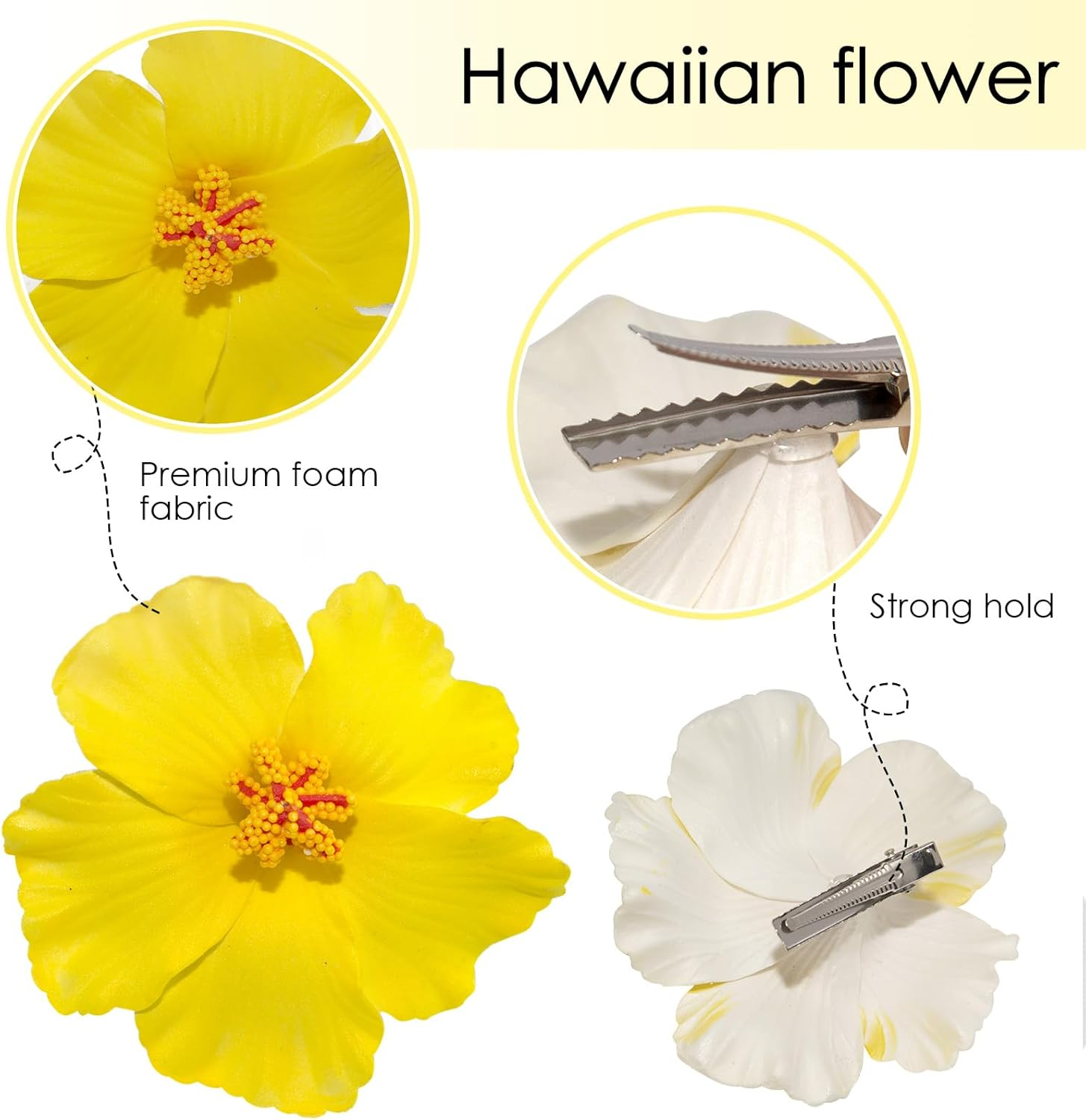 Hawaiian Flower Hair Clips for Women, 6Pcs Hibiscus Hair Clips for Thick Thin Hair, 3.5 Inch Artificial Flower Clips for Vacation Beach Party
