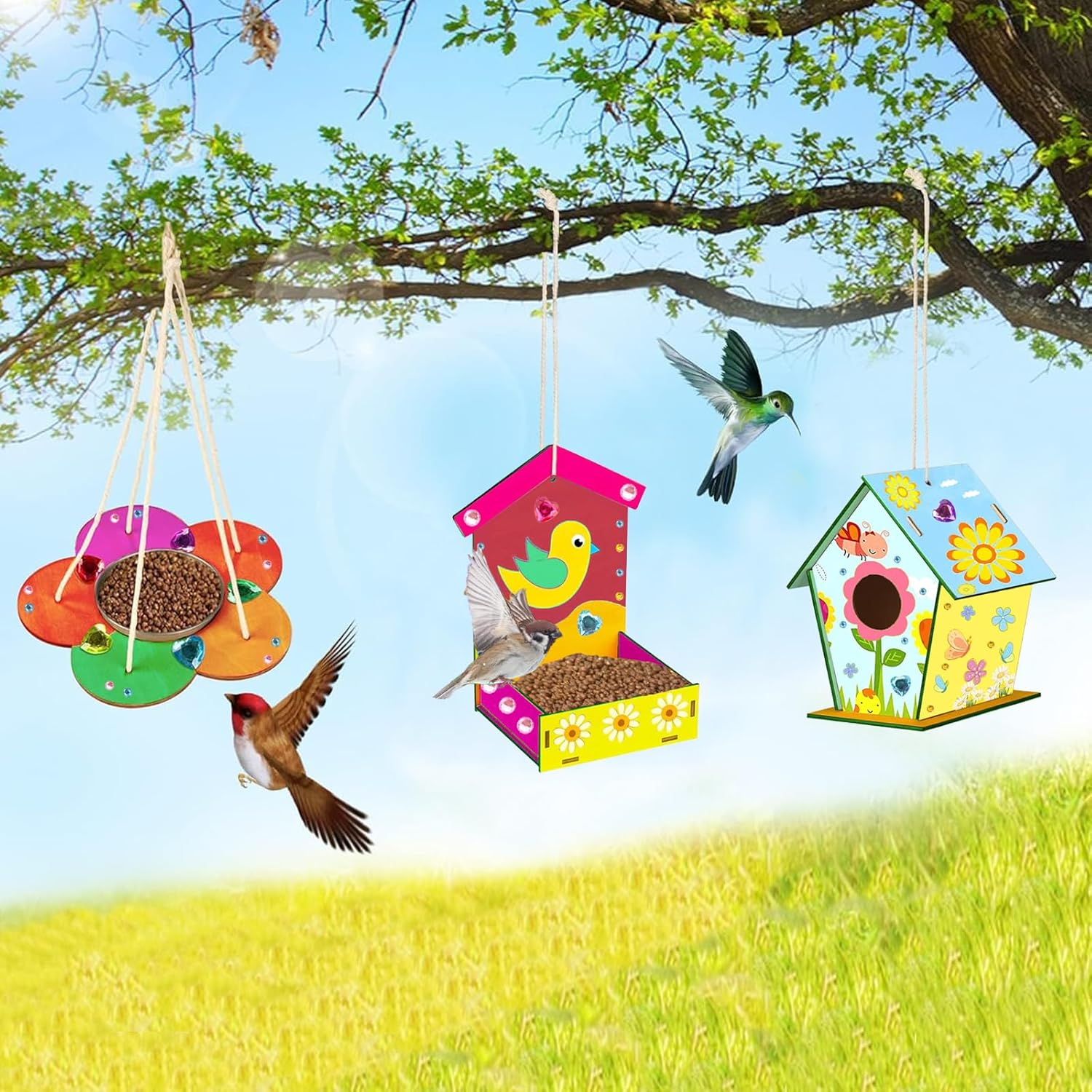 DIY Bird House Feeder Kits for Children to Build, 3 Pack, Assembled Wooden Birdhouse Kits for Kids Painting, Unfinished Crafts for Girls & Boys