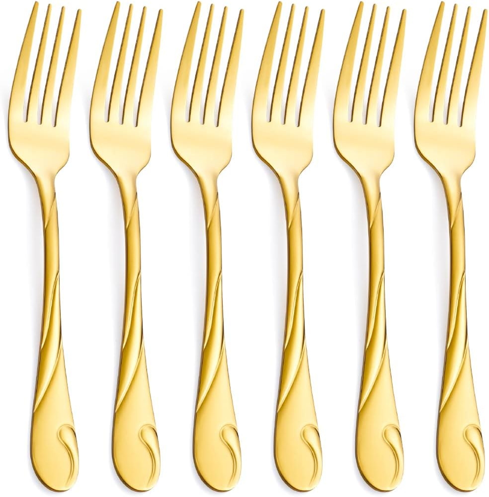 Gold Salad Fork Set, Seeshine 6.9-Inch(17.5Cm) Stainless Steel Dessert Fork Set, Shiny Gold Metal Cake Fork, Set of 6