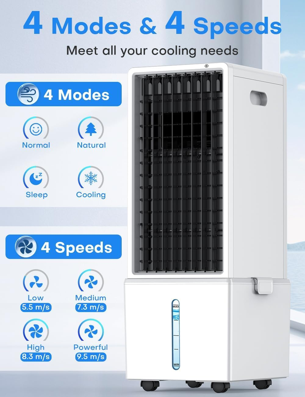 Evaporative Air Conditioner, 4-IN-1 Air Cooler Fan W/12L Tank for 24H Cooling, 4 Speeds & 4 Modes, LED Display, Waterless Alert System & 12H Timer, Remote, Portable Air Conditioner for Room image number 1