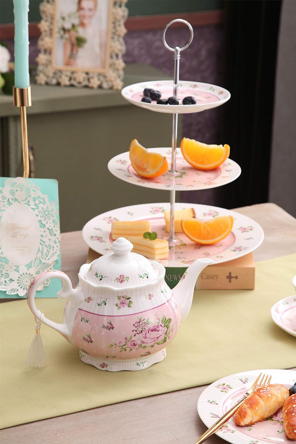 London Boutique Porcelain Teapot Sugar Bowl and Cream Milk Jug Shabby Chic Vintage Floral in Gift Box 40Oz (Teapot Rose Pink) - Cream  Sugar Set Bird Rose Butterfly image number 3