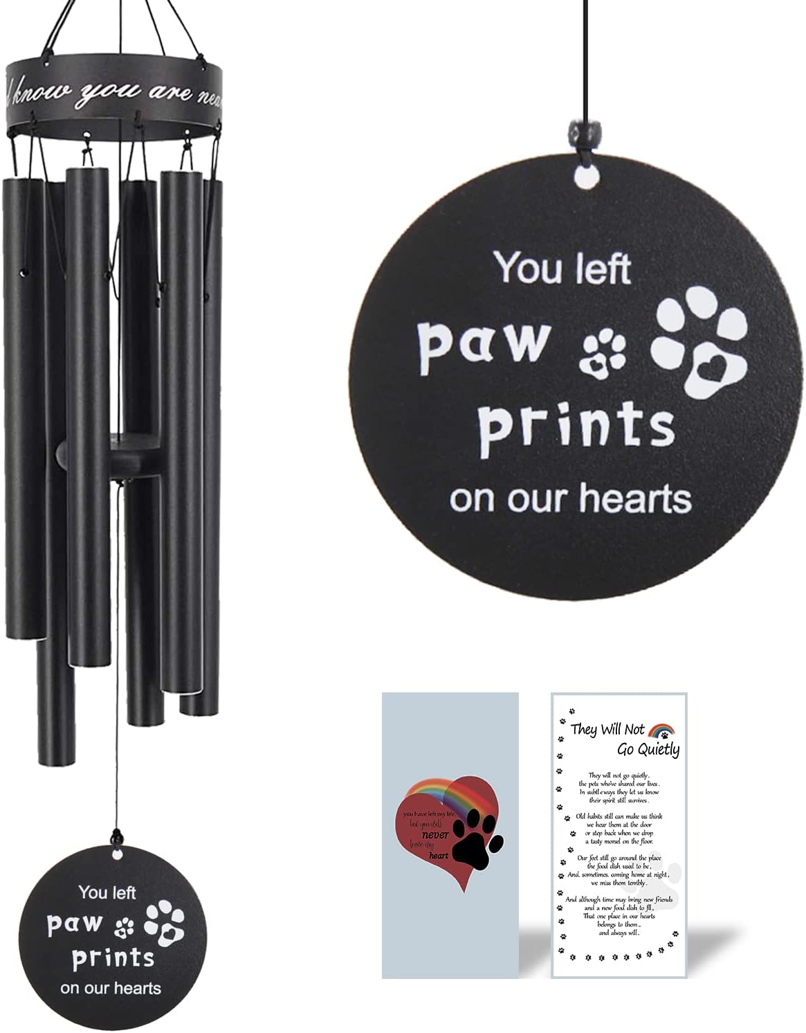 Astarin Pet Memorial Wind Chime, 30'' Paw Print Pet Remembrance Gift to Honor and Remember a Dog, Cat, or Other Pet, Premium Metal Wind Chime, Black