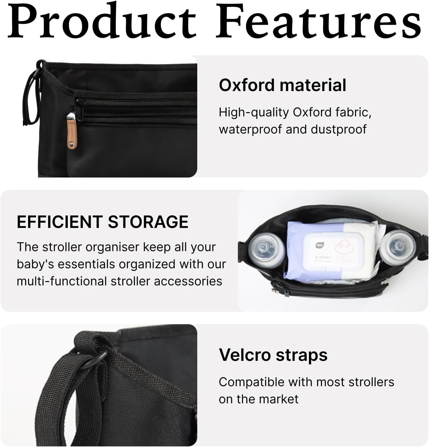 Universal Stroller Organizer Pram Caddy with Detachable Pockets, Waterproof Fabric, Machine Washable for Easy Cleaning, Fits Most Strollers and Joggers, Stylish Black Color for Everyday Use image number 3