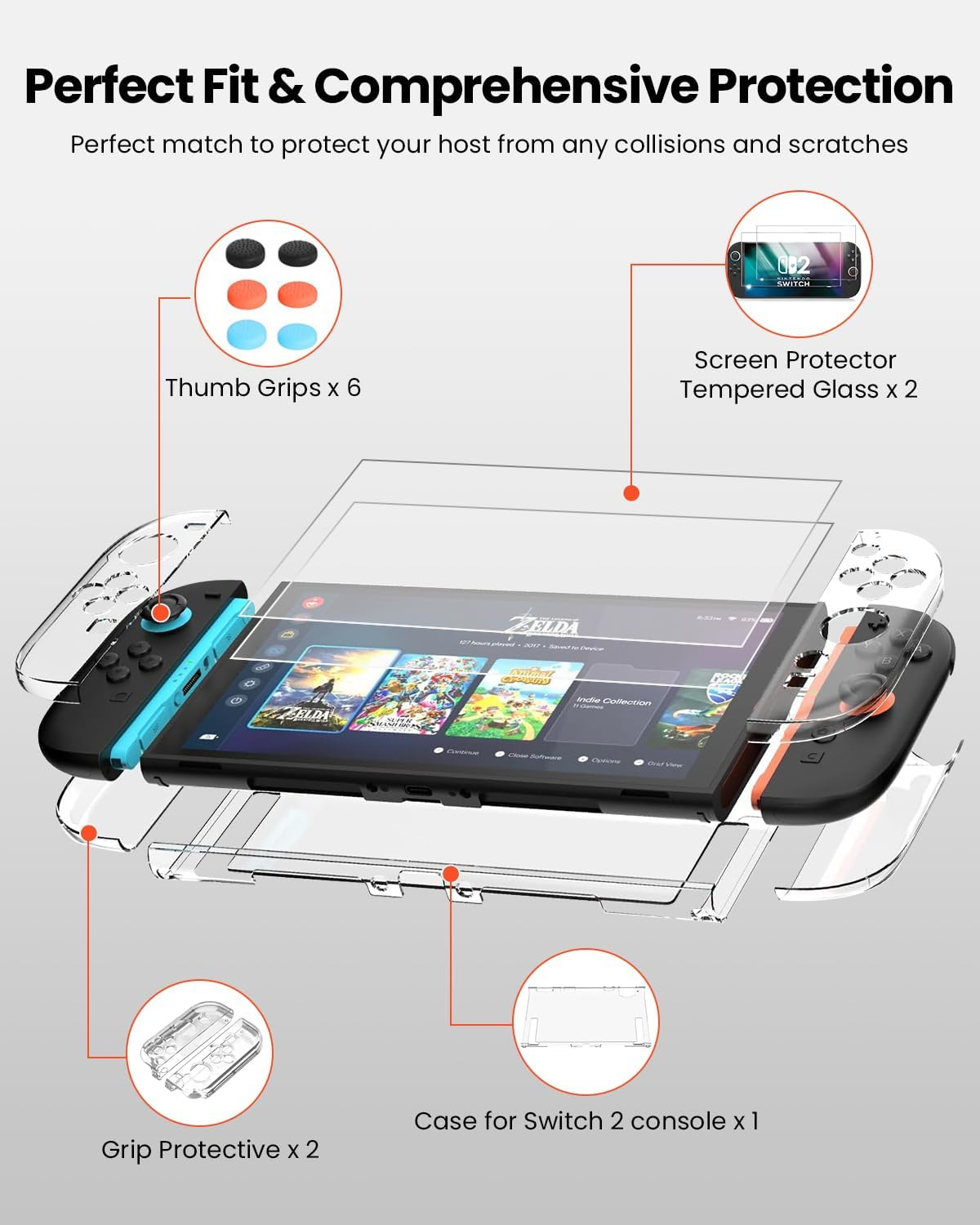 GEEKERA 11-In-1 Case Accessories Bundle for Nintendo Switch 2 - Hard Shell Carrying Case with Screen Protector, Controller Covers, 12 Game Slots, Thumb Grips & More | Travel Case for Switch 2 (Black)