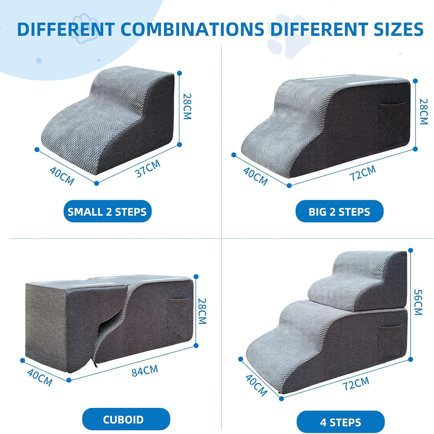 Yazoni 2 Pieces Dog Stairs Set - 4 Step 56Cm Height Detachable Doggy Stairs for Old Cats, High Density Foam Curved Cat Ramp, Non-Slip Balanced Pet Step Indoor, Dog Bed Stairs for High Beds and Couch image number 3