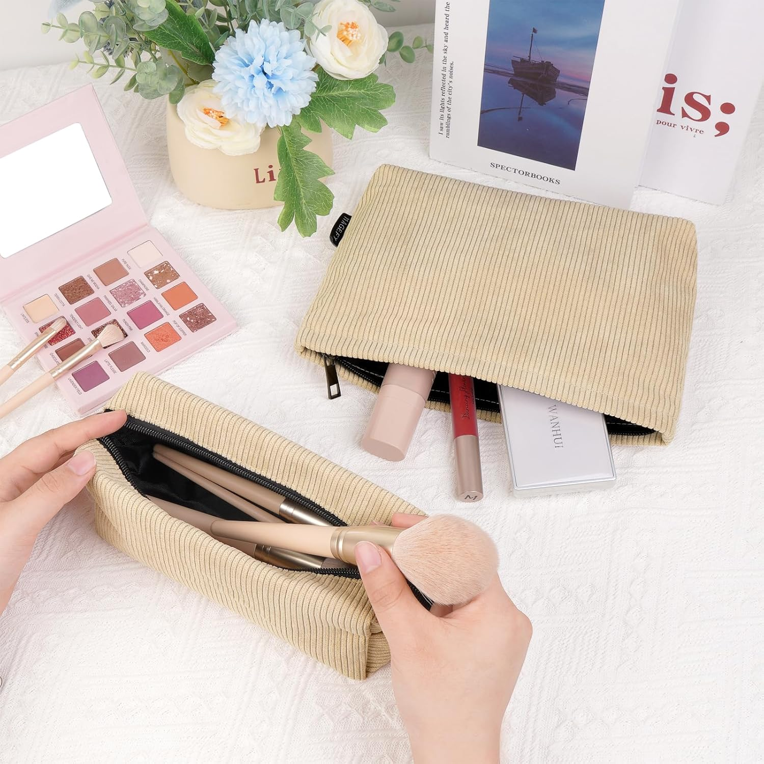 MAGEFY 2 Pcs Makeup Bags for Women, Corduroy Make up Bag for Purse Travel Makeup Bag Small Cosmetic Bags with Zipper Makeup Pouch for Travelling(Beige) - Green image number 6