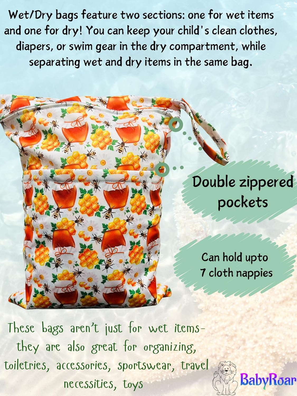 Reusable Swim Nappy for Babies & Toddlers &ndash; Adjustable One Size with Snaps + BONUS Wet & Dry Bag with Double Zipper (Dual Pockets Keep Wet & Dry Items Separate) &ndash; Leak-Proof, Eco-Friendly. Perfect for Water Fun! One Size Fits All! (Honey Bee Delight) - Large image number 1