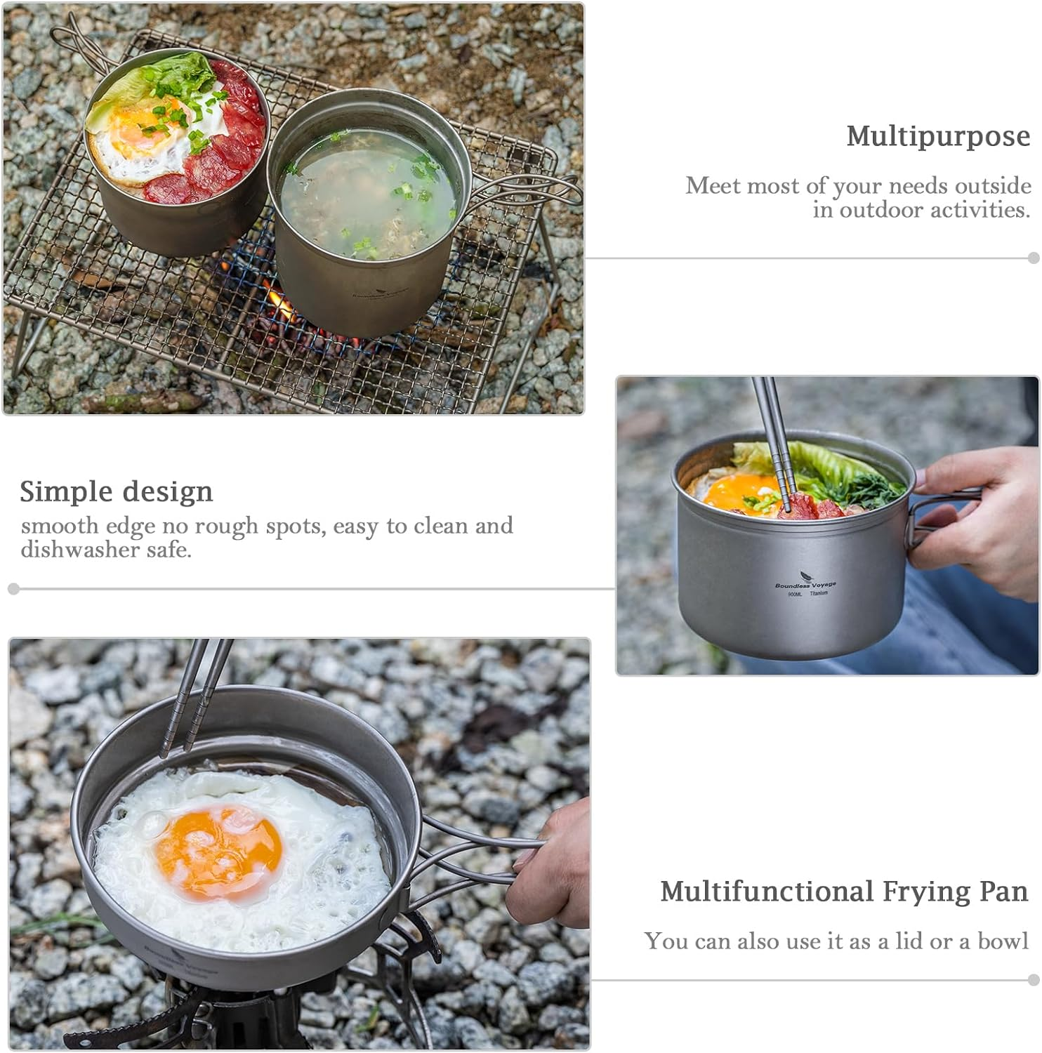 Boundless Voyage Titanium Pots and Pans with Folding Handle Outdoor Camping Soup Pot Bowl Frying Pan Mess Kit Hiking Picnic Travel Backpacking Cookware Tableware Ti1585B 500Ml+900Ml image number 3