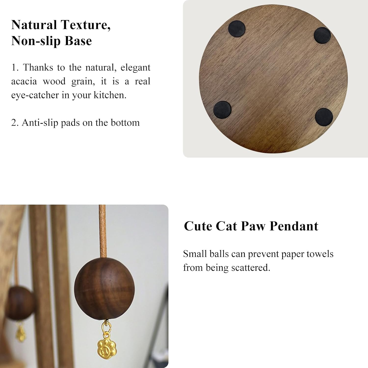 Wooden Kitchen Roll Holder Free Standing, Acacia Wood Paper Towel Stand for Counter, Non-Slip Towel Roll Holder, Farmhouse Organizer Fits Most Size Paper Rolls