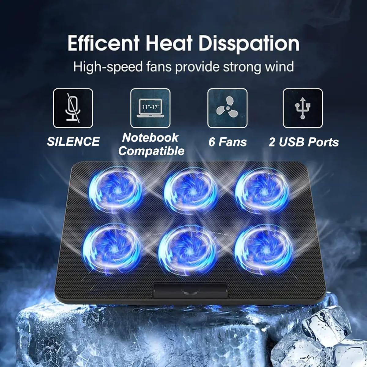 Portable Computer Stand， 6 Quiet Cooling Fans and 6 Height Adjustable Dual USB Powered Gaming Laptop Cooling Stand for 12-17 Inch Laptop image number 4