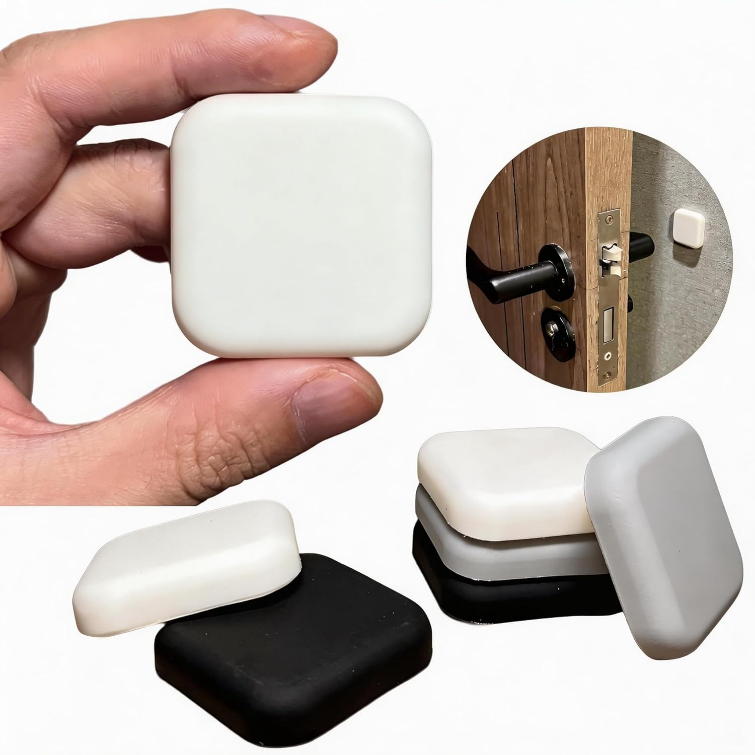 Wall Protectors from Door Knobs (6 Pack) - Adhesive Silicone Guard Bumpers, Square Door Stoppers for Wall & Furniture, Thick Anti-Slam Silencers - White, Gray, Black image number 2