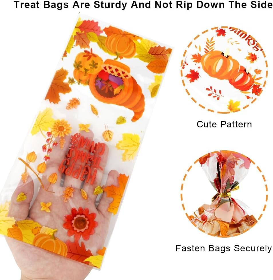 Thanksgiving Treat Bags 100 Pack - Fall Cellophane Goodie Bags with Maple Leaves Pumpkin Design - Candy Gift Bags with Twist Ties for Autumn Party Favor Supplies Decoration image number 2