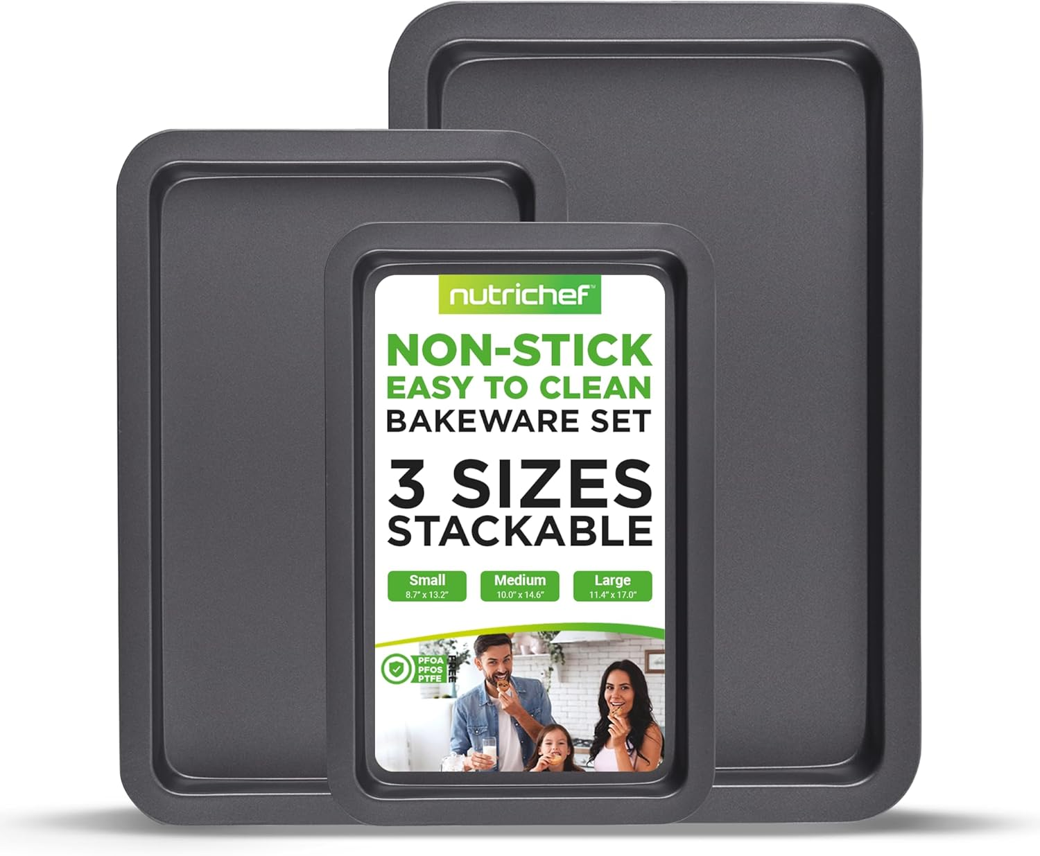 Nutrichef 3-Piece Nonstick Oven Cookie Sheets for Baking - Heavy Duty Carbon Steel Baking Sheet Pans Set - Large, Medium, and Small Sized Baking Tray - Dishwasher Safe, Black image number 3