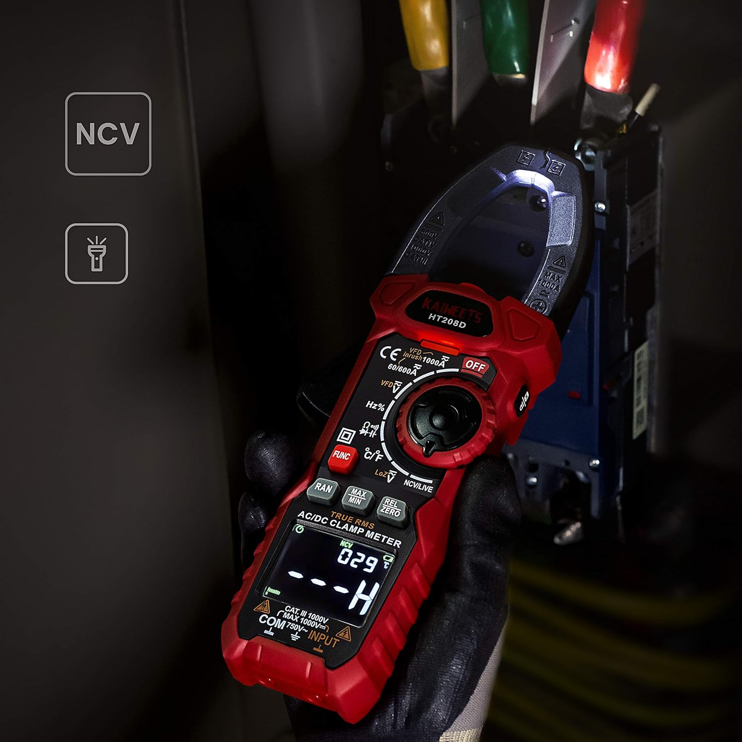 KAIWEETS Inrush Clamp Meter 1000A True RMS AC/DC Current Amp Meter, VFD, LOZ Mode, 6000 Counts, Measures Current Voltage Temperature Capacitance Resistance Diodes Continuity Duty-Cycle (HT208D) image number 2