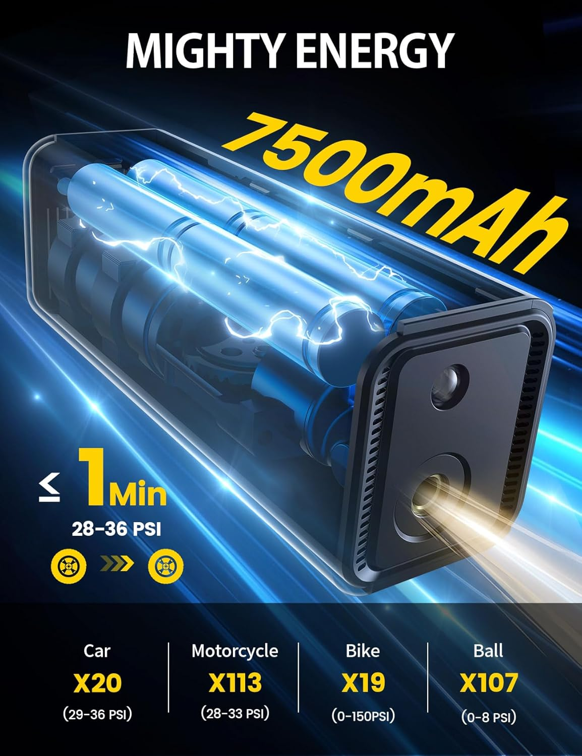 Tire Inflator Portable Air Compressor - Lamicall 150 PSI Cordless Car Air Pump, 1 Min Fast Inflate, Electric Tire Pump with 12V DC, Digital Pressure Gauge, LED Light, for Auto, Bike, Motorcycle, Ball image number 5