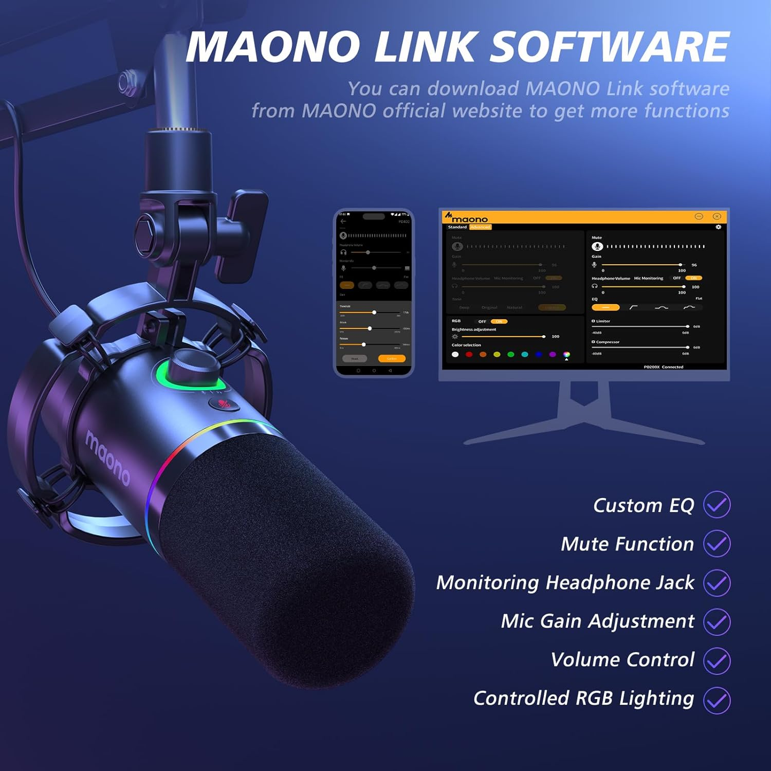MAONO XLR/USB Dynamic Microphone Kit, RGB Podcast Mic with Software, Mute, Gain Knob, Volume Control, Boom Arm for Streaming, Gaming, Voice-Over, Recording-Pd200Xs Black image number 4