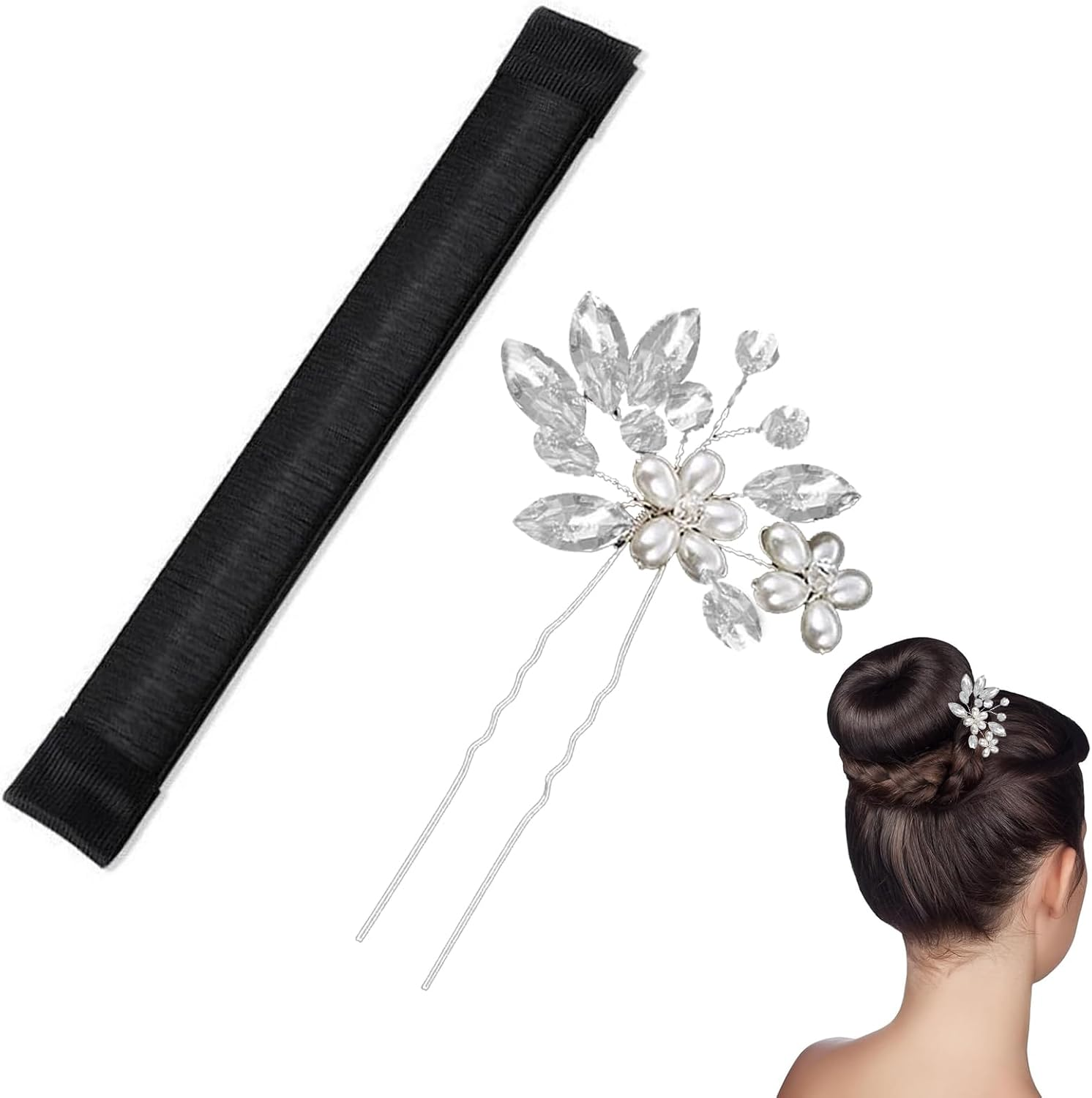 RTRTGS Magic Hair Bun Maker French Twist Comes with a Silver Simple Bridal Crystal Wedding Hair Pins, Hair Bun Maker Magic Hairstyle Aid Bun Band for Women Children Bun Hair Accessories image number 3
