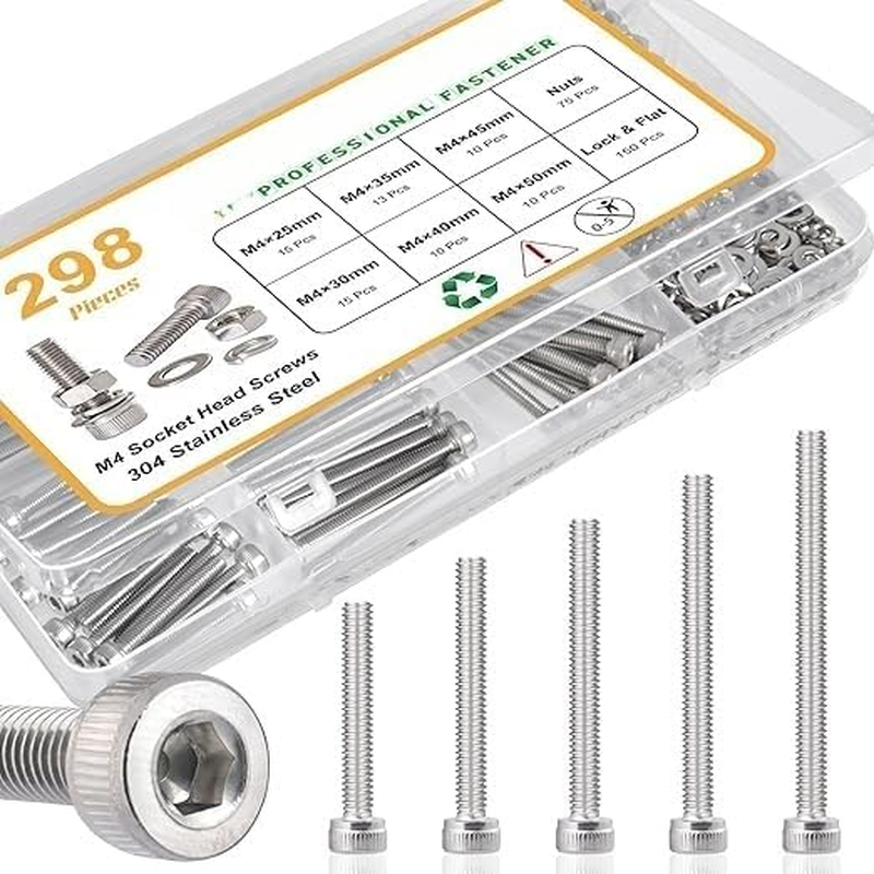 298Pcs M4 Screws Assortment, M4 Screws Bolts for 3D Printer DIY, Hex Socket Head Cap Screw Bolts Nuts Washer Kit, 304 Stainless Steel, M4X25/30/35/40/45/50Mm (298, M4X25/30/35/40/45/50Mm) image number 6