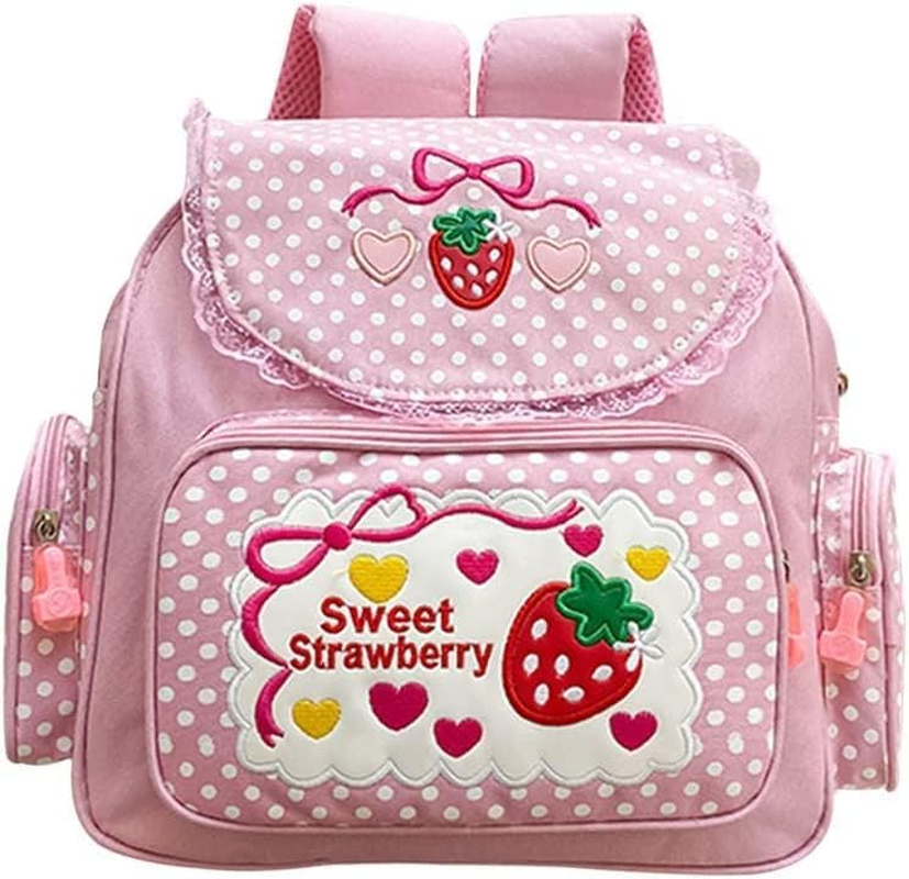 Kawaii Strawberry Embroidery Backpack for Girls Teens Students School Bag Satchel Cute Pink Lace JK Backpack, Pink, 30X37X13Cm, Kawaii Strawberry Embroidery image number 3