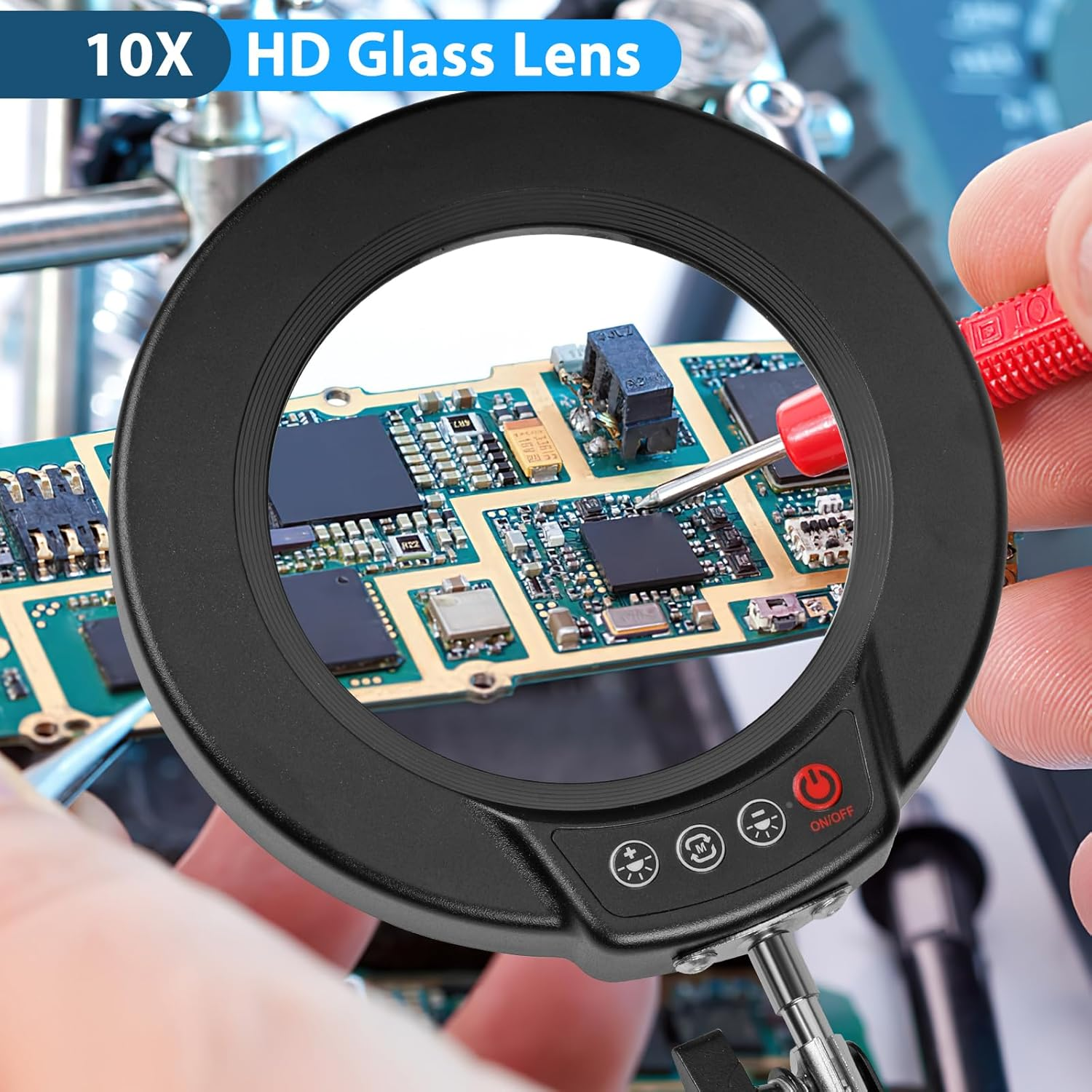 10X Magnifying Glass with Light and Clamp, 5 Color Modes Stepless Dimmable Real Glass Lighted Magnifier, Hands Free LED Magnifying Desk Lamp for Painting Craft Close Work Reading Repairing image number 2