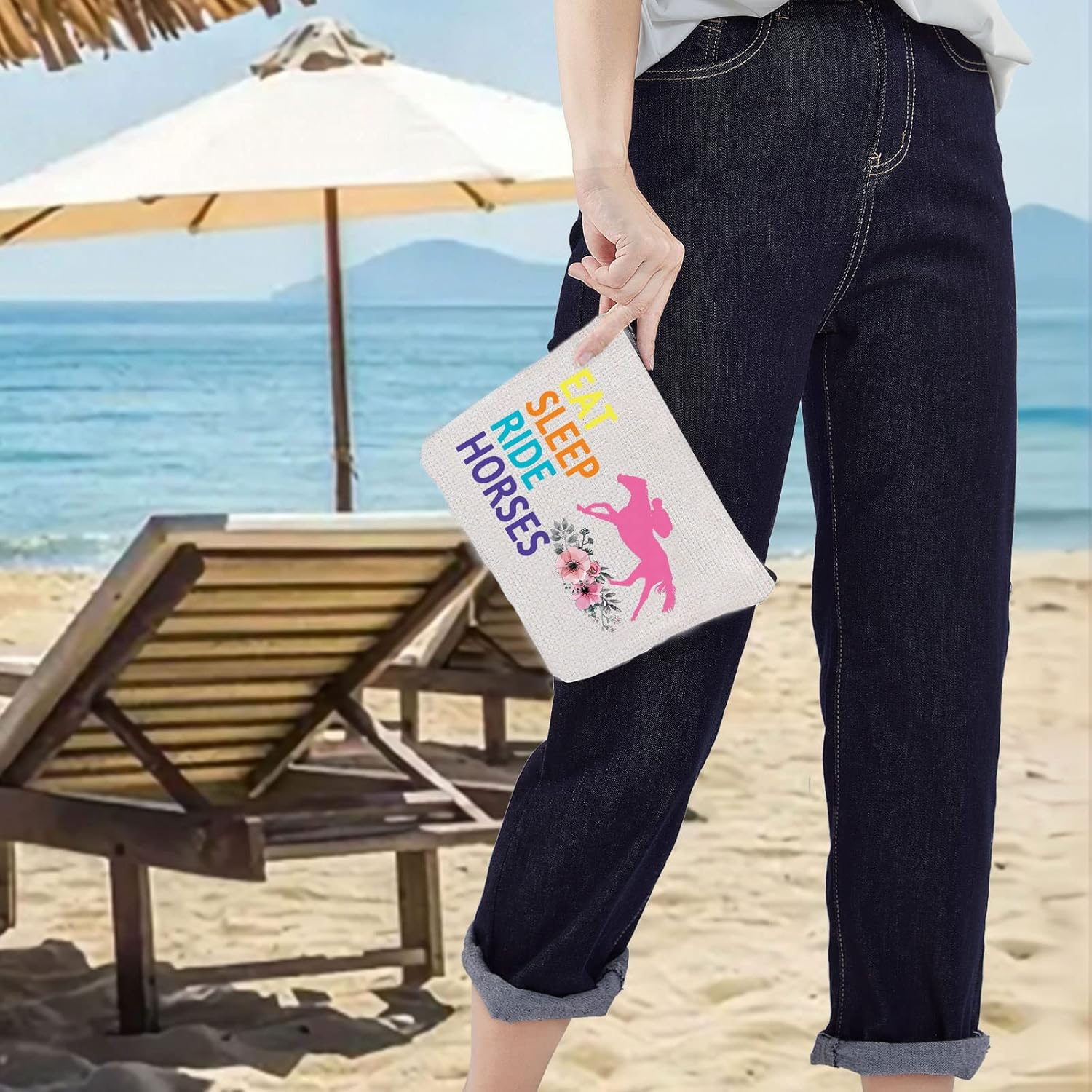 LEVLO Horse Riding Cosmetic Bag Horseback Riding Gift Eat Sleep Ride Horses Makeup Zipper Pouch Bag Horse Racing Merchandise, Eat Sleep Ride Horses, Make up Bag