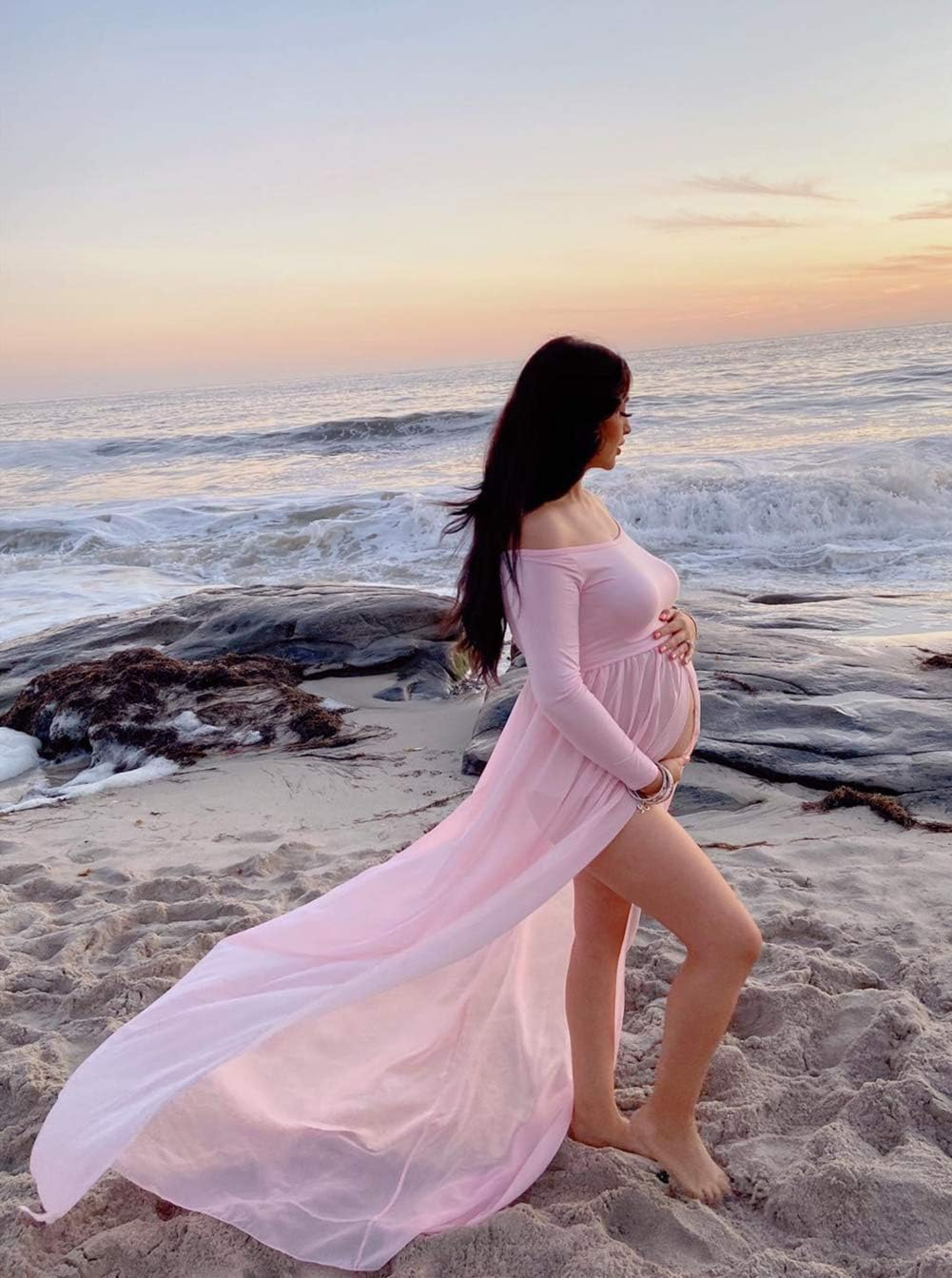 ZIUMUDY Maternity Maxi Chiffon Photography Dress Split Front Gown for Photoshoot image number 2