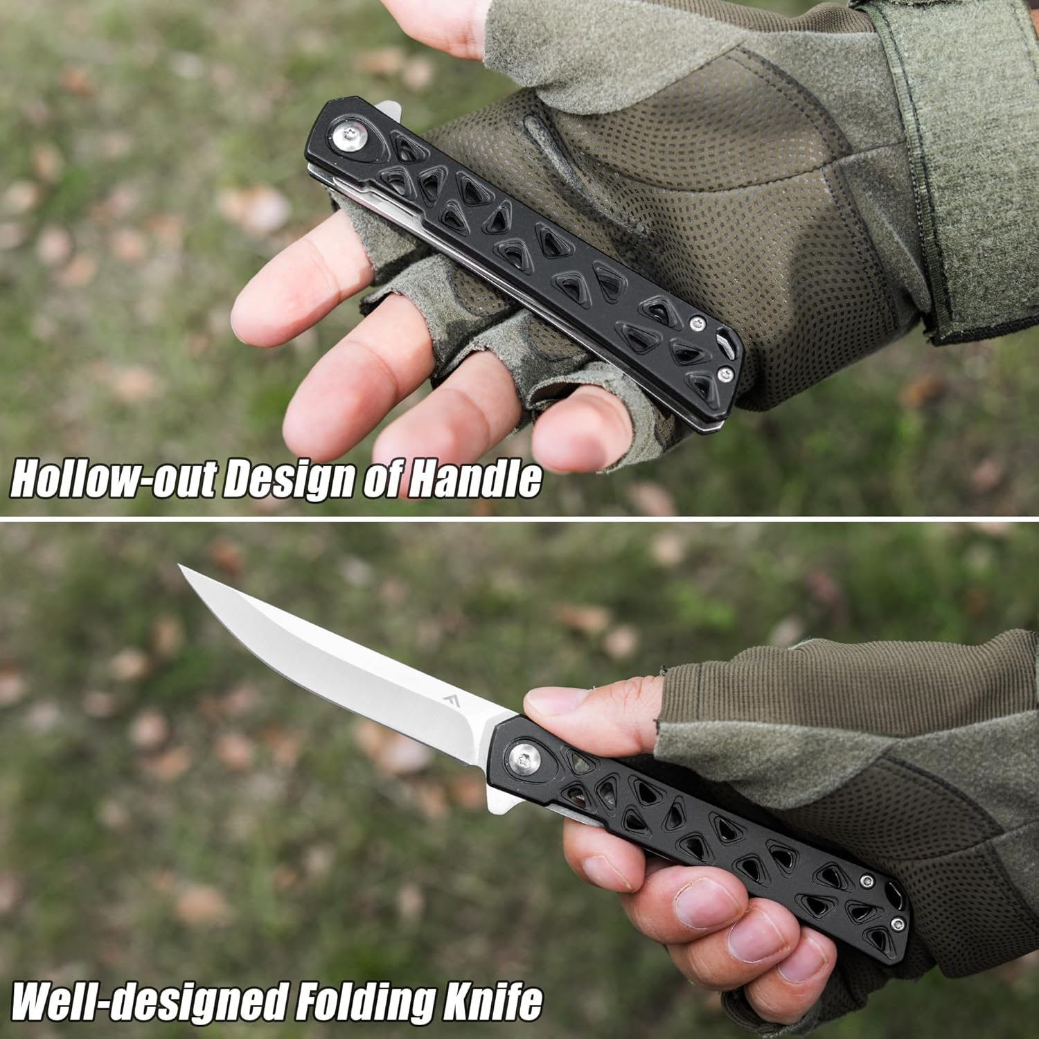 FLISSA Folding Knife, 4.5" Folding Pocket Knife, Hollow-Out Design Handle, Pocket Knife for Survival, EDC, Camping and Outdoor Activities - Green image number 7