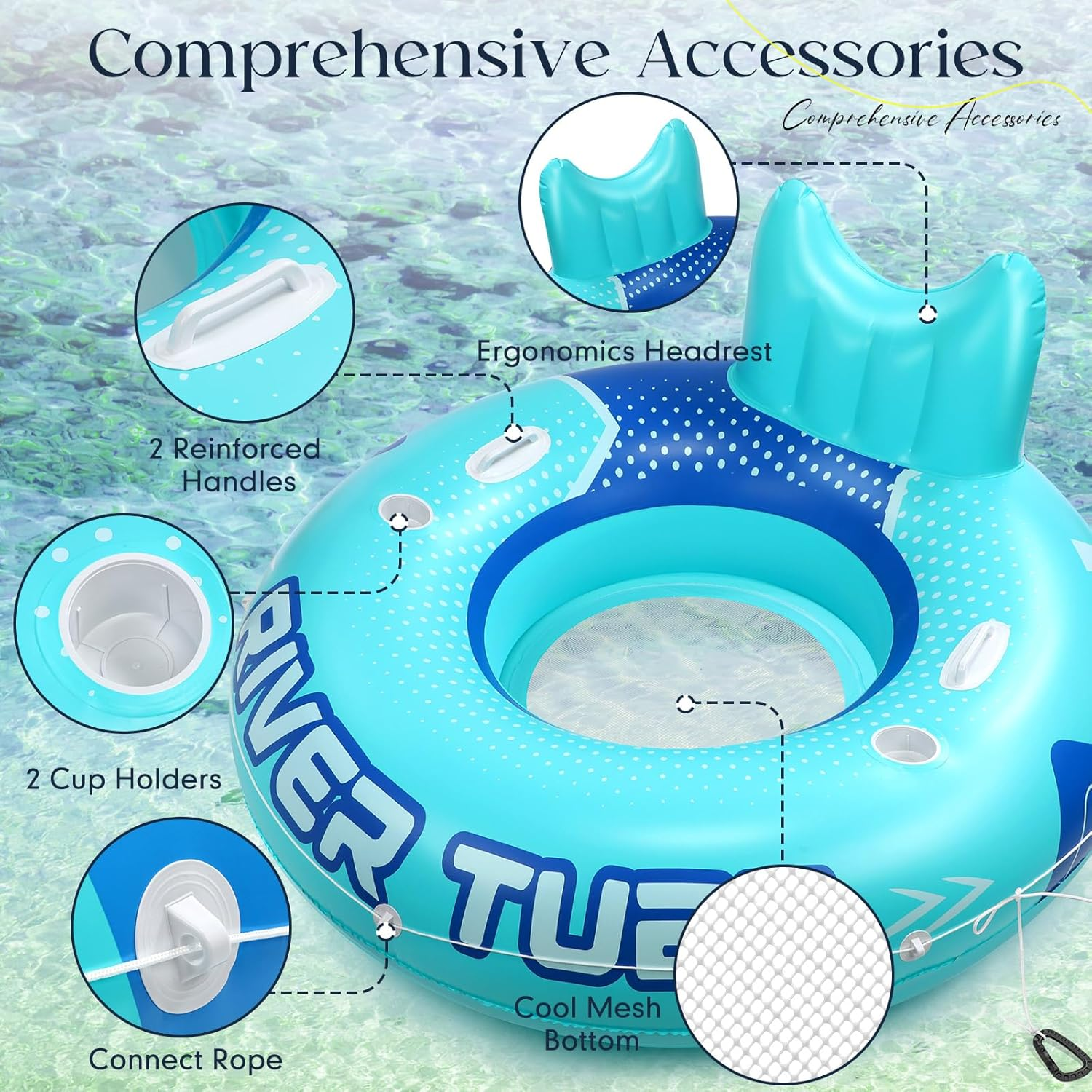 53" Heavy Duty River Tube Float Inflatable Pool Floating Tube for Adult Large River Raft Water Chair Lounger with Mesh Bottom Backrest 2 Cup Holders and Handles,Holds 300Lb image number 5