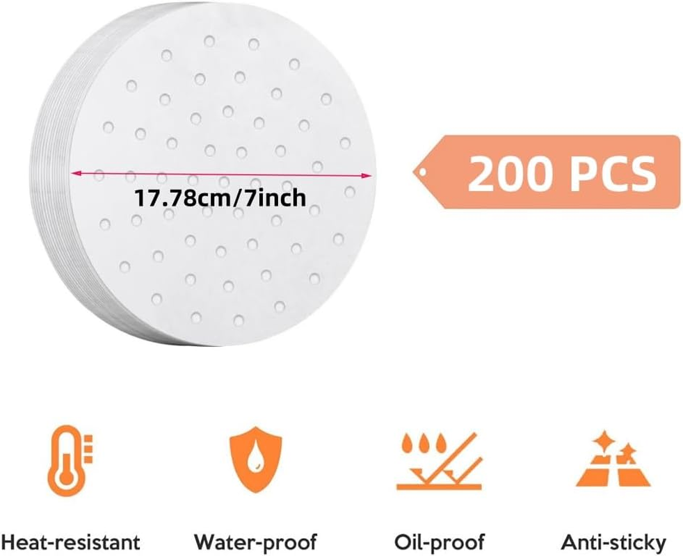 200 Pcs Air Fryer Liners, YIFARUBE 7Inch Bamboo Steamer Liners, Non Stick Perforated Parchment Sheets, round Bamboo Steamer Paper for Cake Pan Basket Baking Ovening image number 2