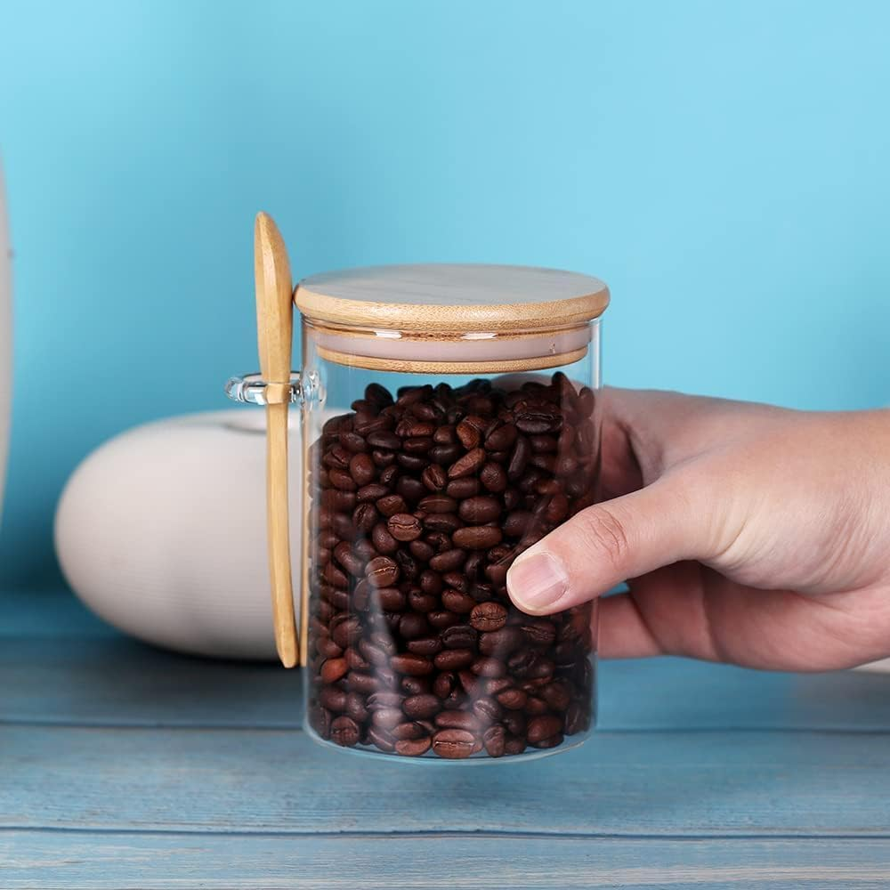 MKUCCD Glass Jars with Bamboo Lids and Spoon Set of 4, 17 OZ Coffee Sugar Container Set with Scoop, Overnight Oatmeal Jars Containers with Lids and Spoon for Loose Tea, Yogurt
