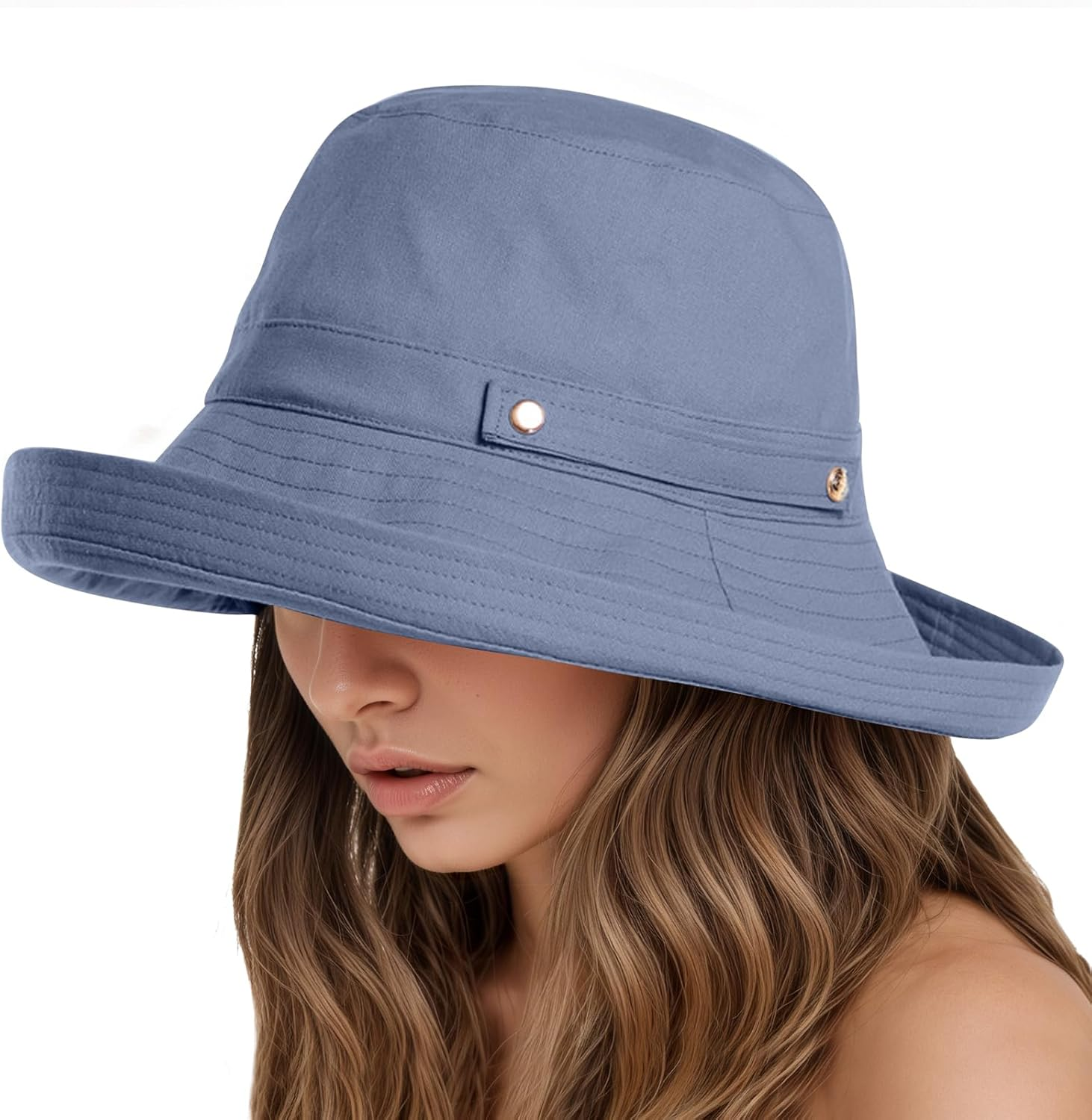 KEOYA Women'S Cotton Linen Bucket Hat Wide Brim Sun Hat with SPF50+ Adjustable Button Detachable Windproof Chin Strap